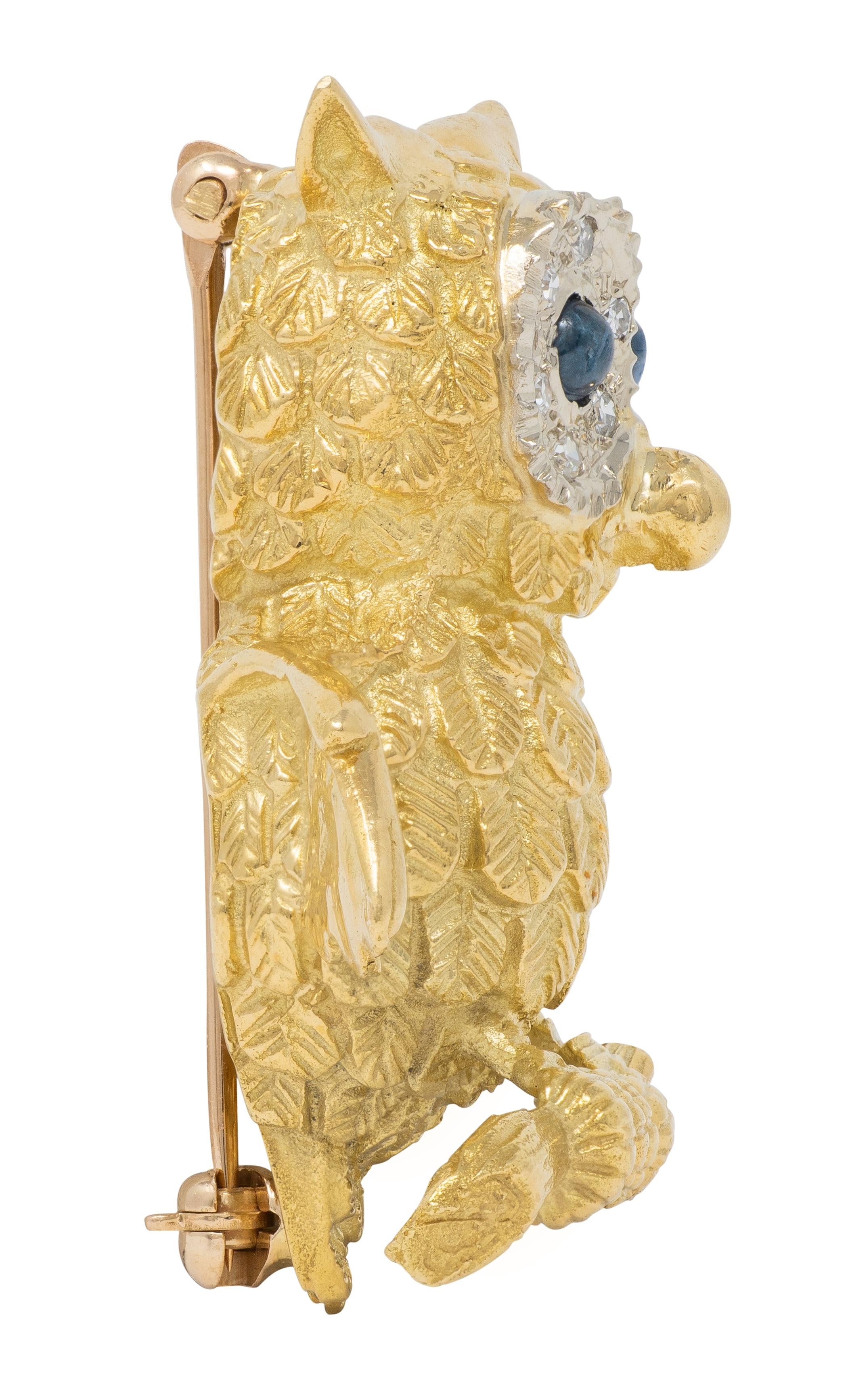 Vintage 18 Karat Yellow Gold Sapphire Diamond Whimsical Owl Bird Brooch