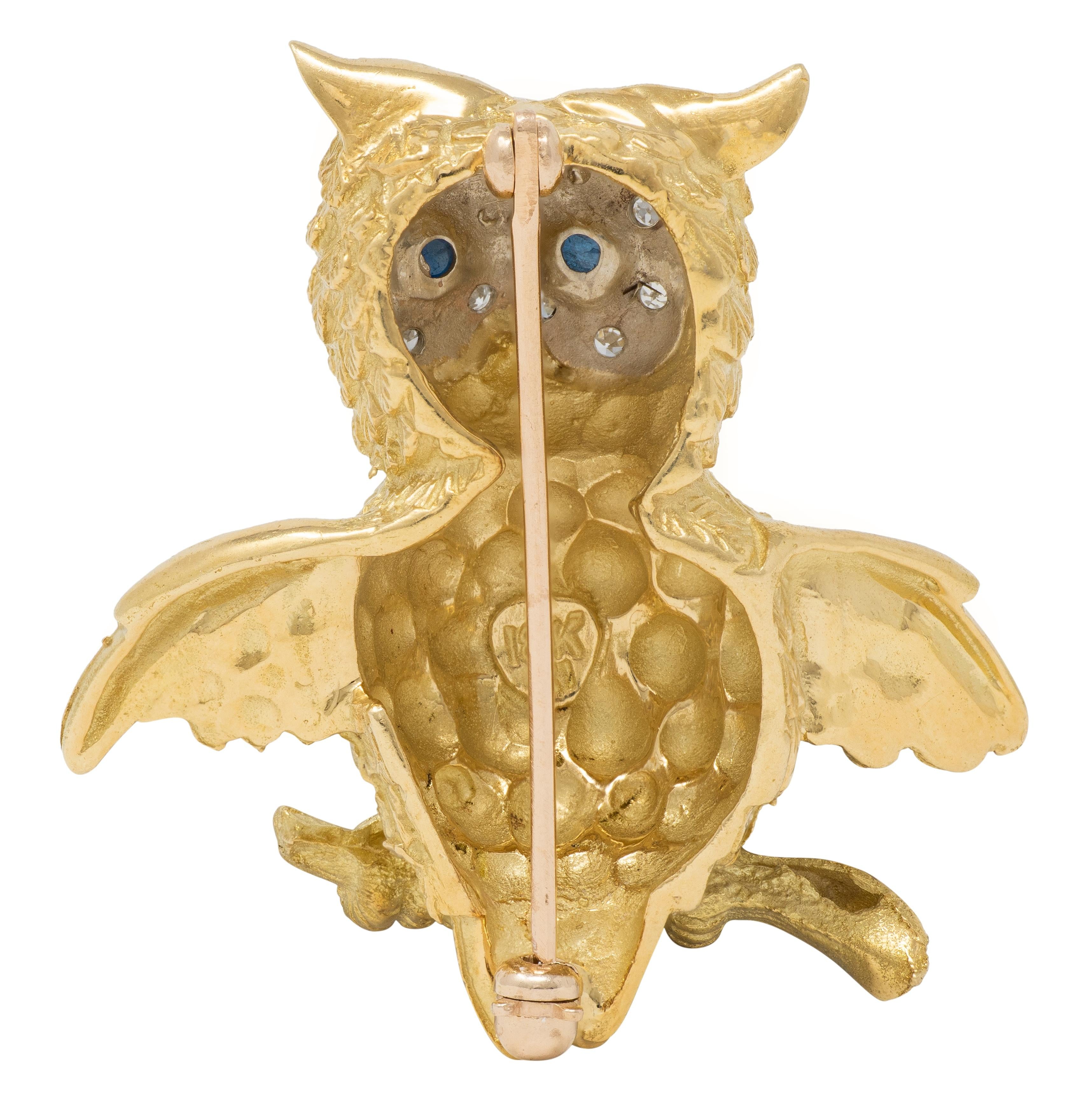 Vintage 18 Karat Yellow Gold Sapphire Diamond Whimsical Owl Bird Brooch