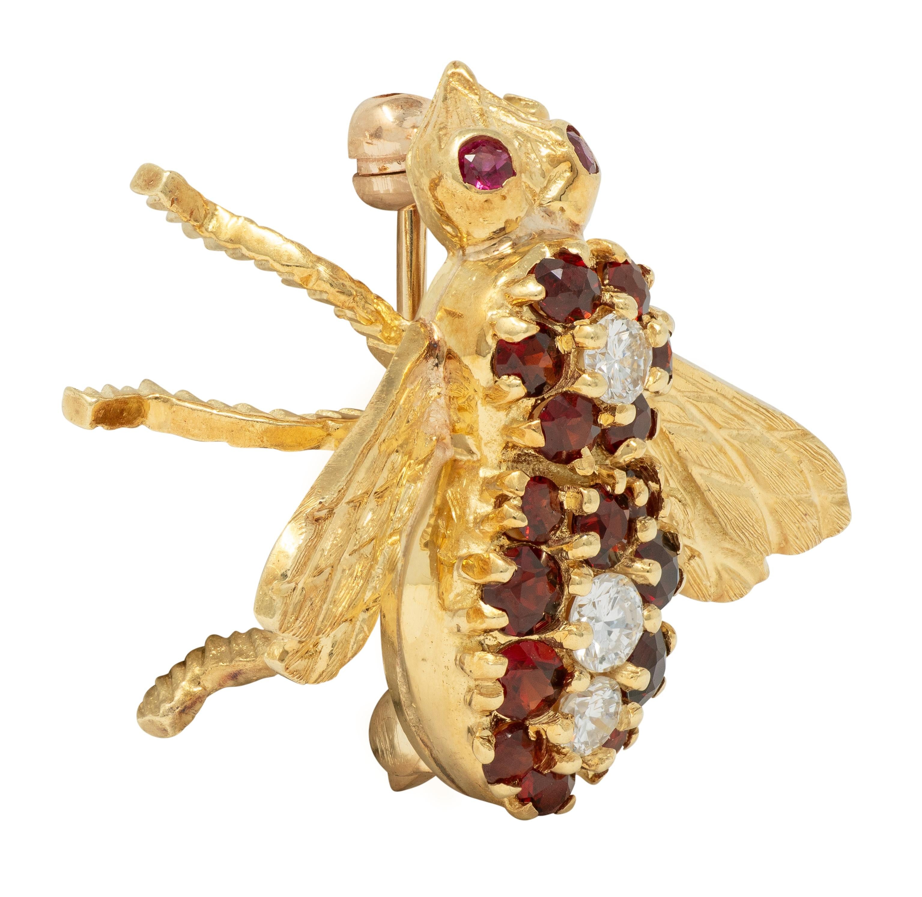 Rosenthal 1960s Diamond Ruby Citrine 18 Karat Yellow Gold Vintage Bee Bug Brooch