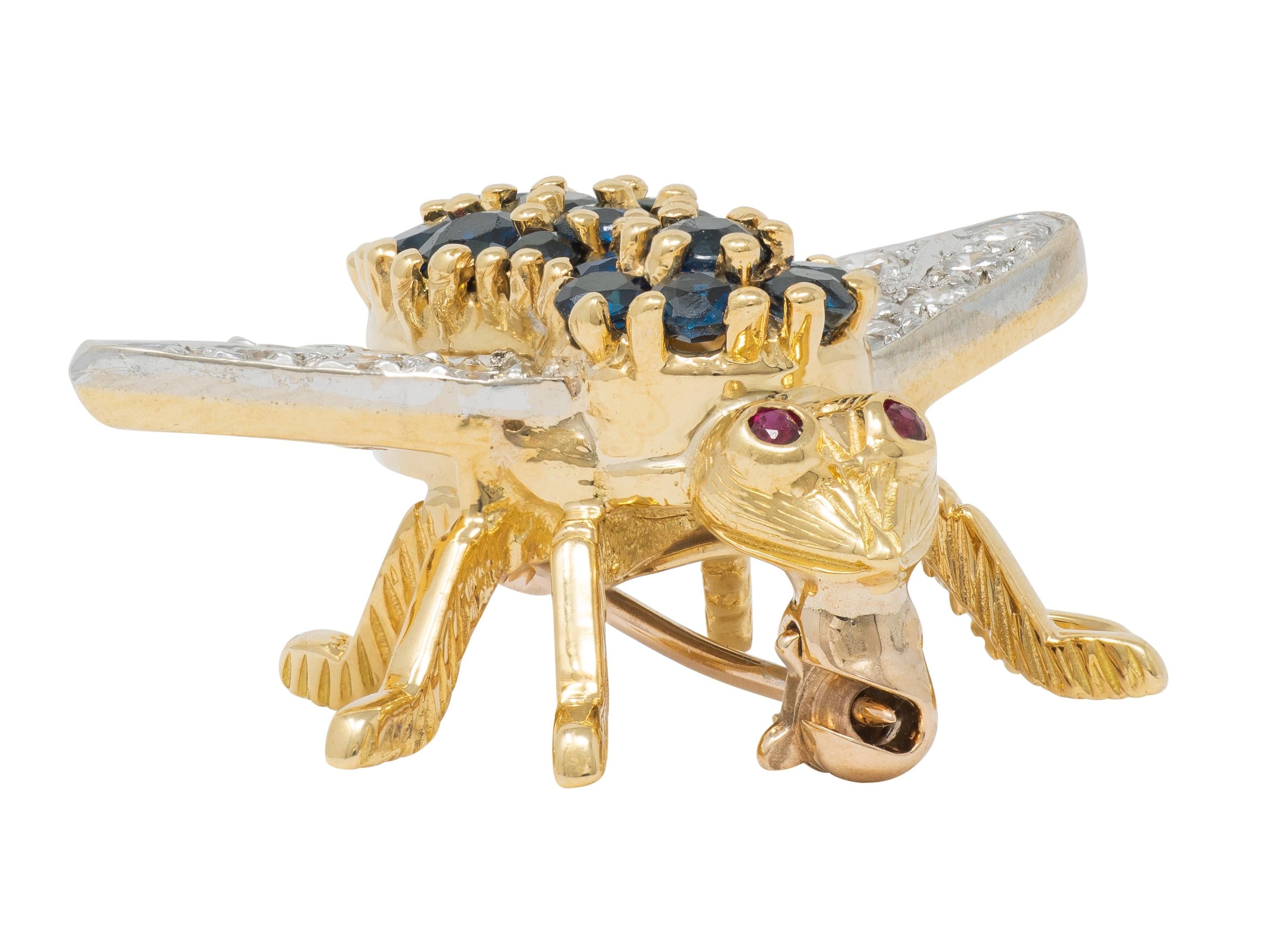 Tiffany & Co. 1960's Diamond Sapphire Ruby Platinum 18K Gold Vintage Bee Brooch