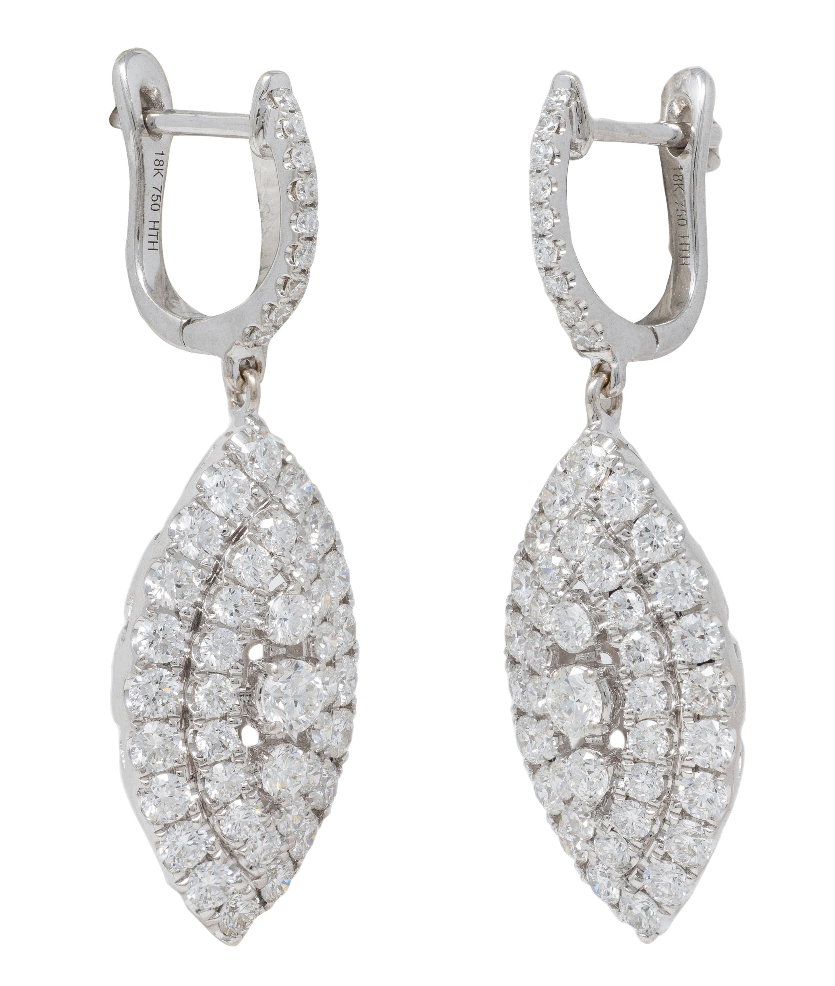 Contemporary 2.21 CTW Diamond 18 Karat White Gold Navette Drop Earrings