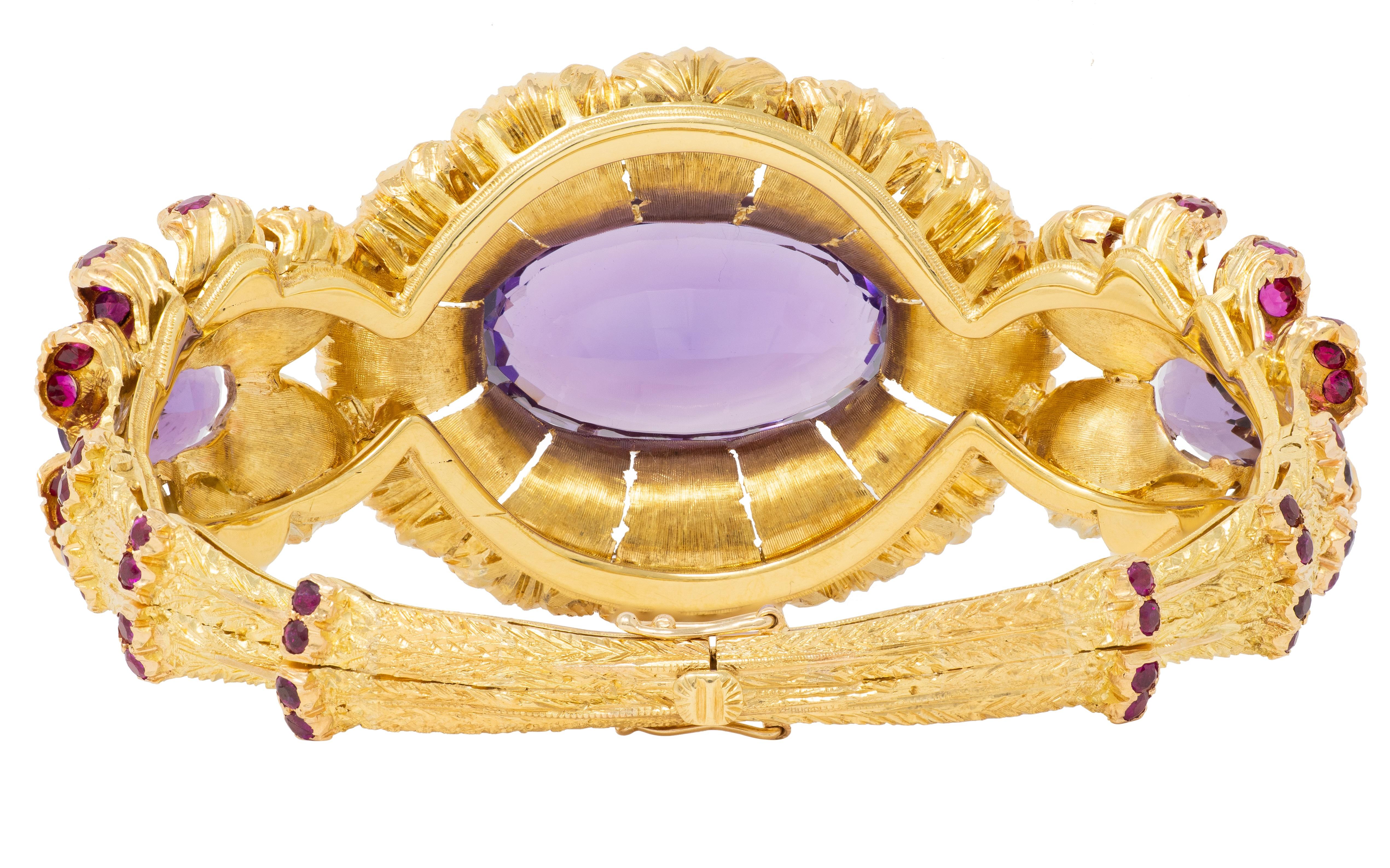 Buccellati 1960 36.79 CTW Amethyst Ruby 18K Gold Vintage Floral Bangle Bracelet