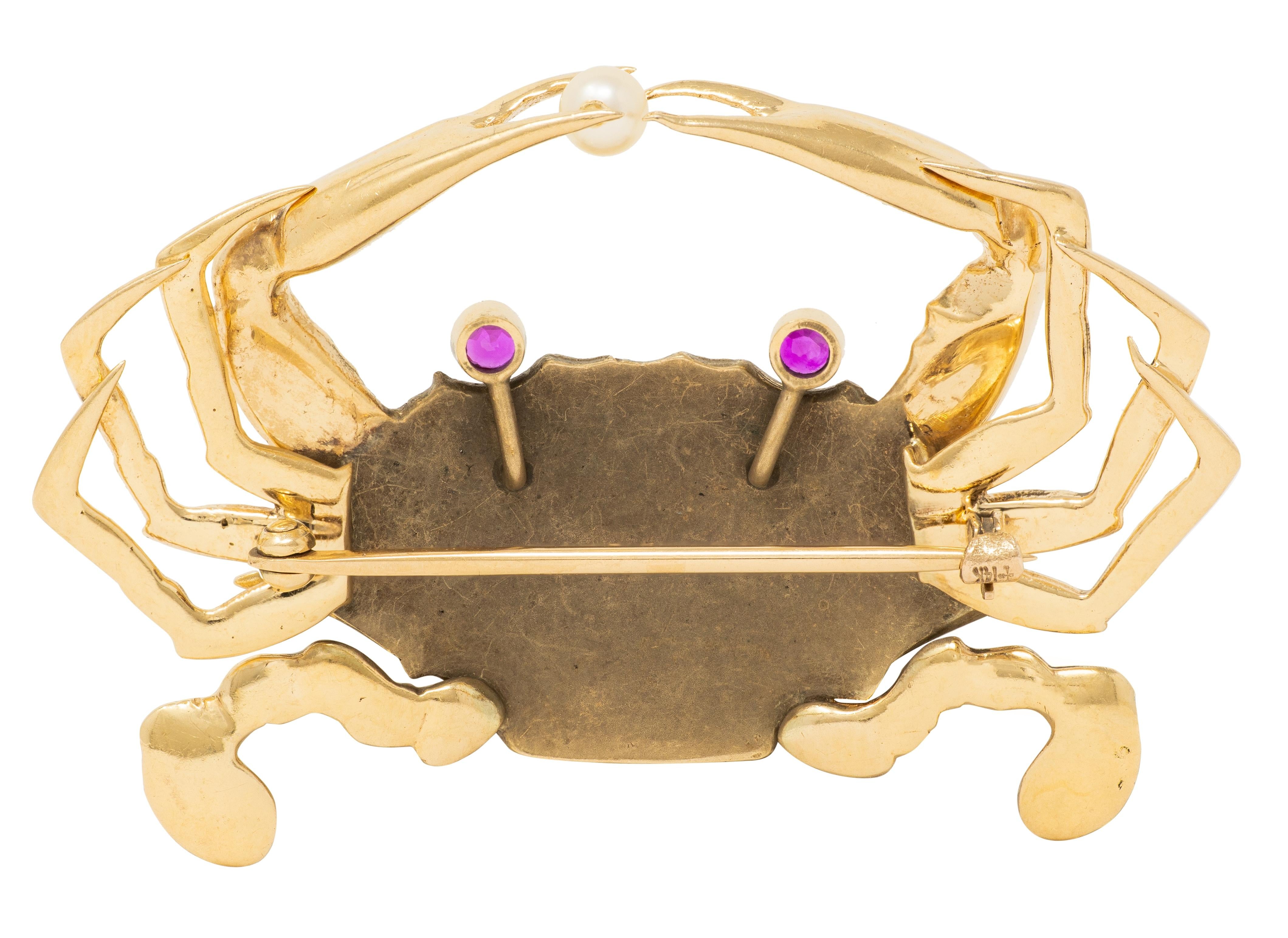 Fisher & Co. 1960's Diamond Ruby 18 Karat Yellow Gold Vintage Crab Brooch