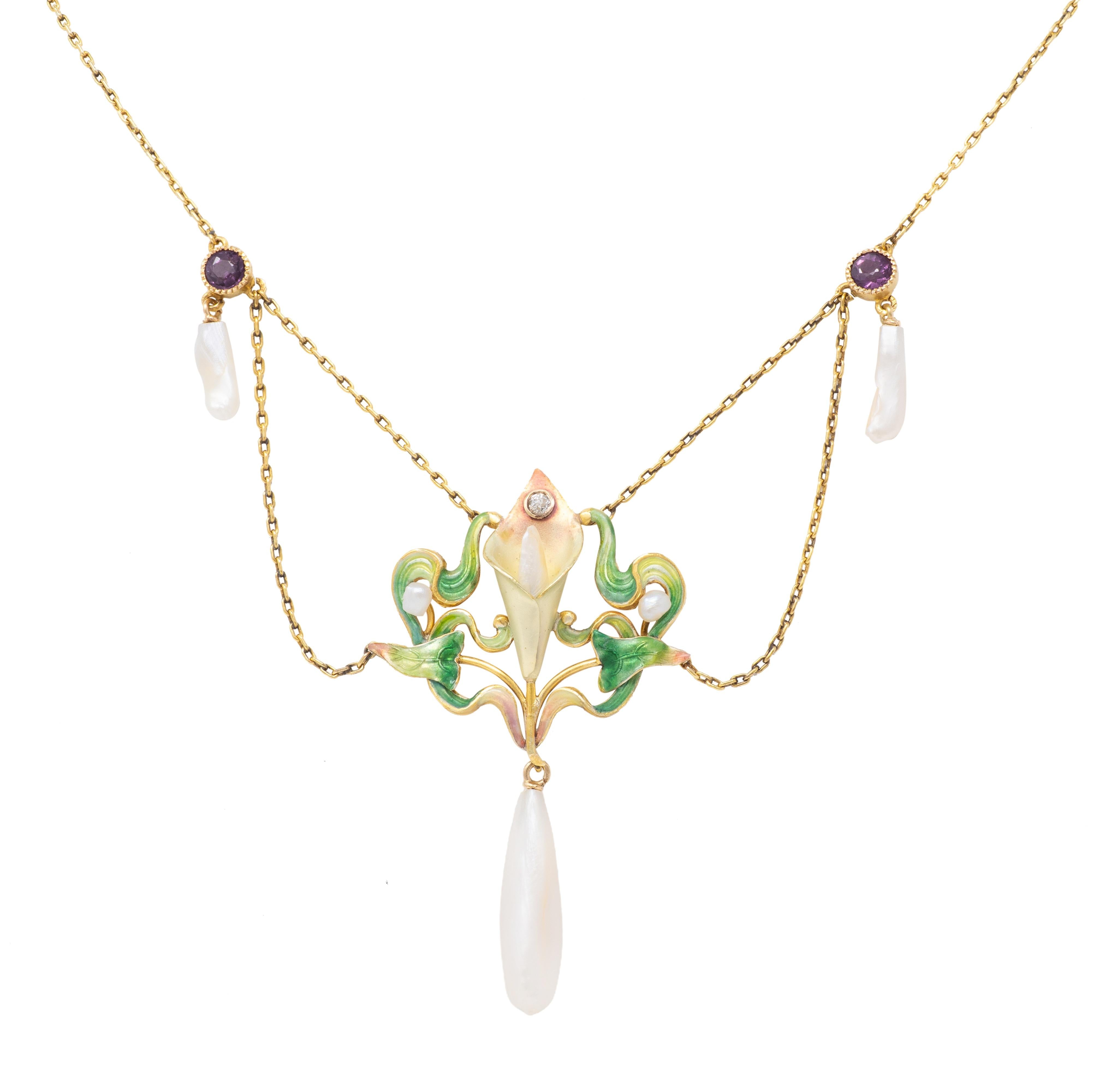 Art Nouveau Diamond Amethyst Pearl 14K Gold Antique Swagged Calla Lily Necklace