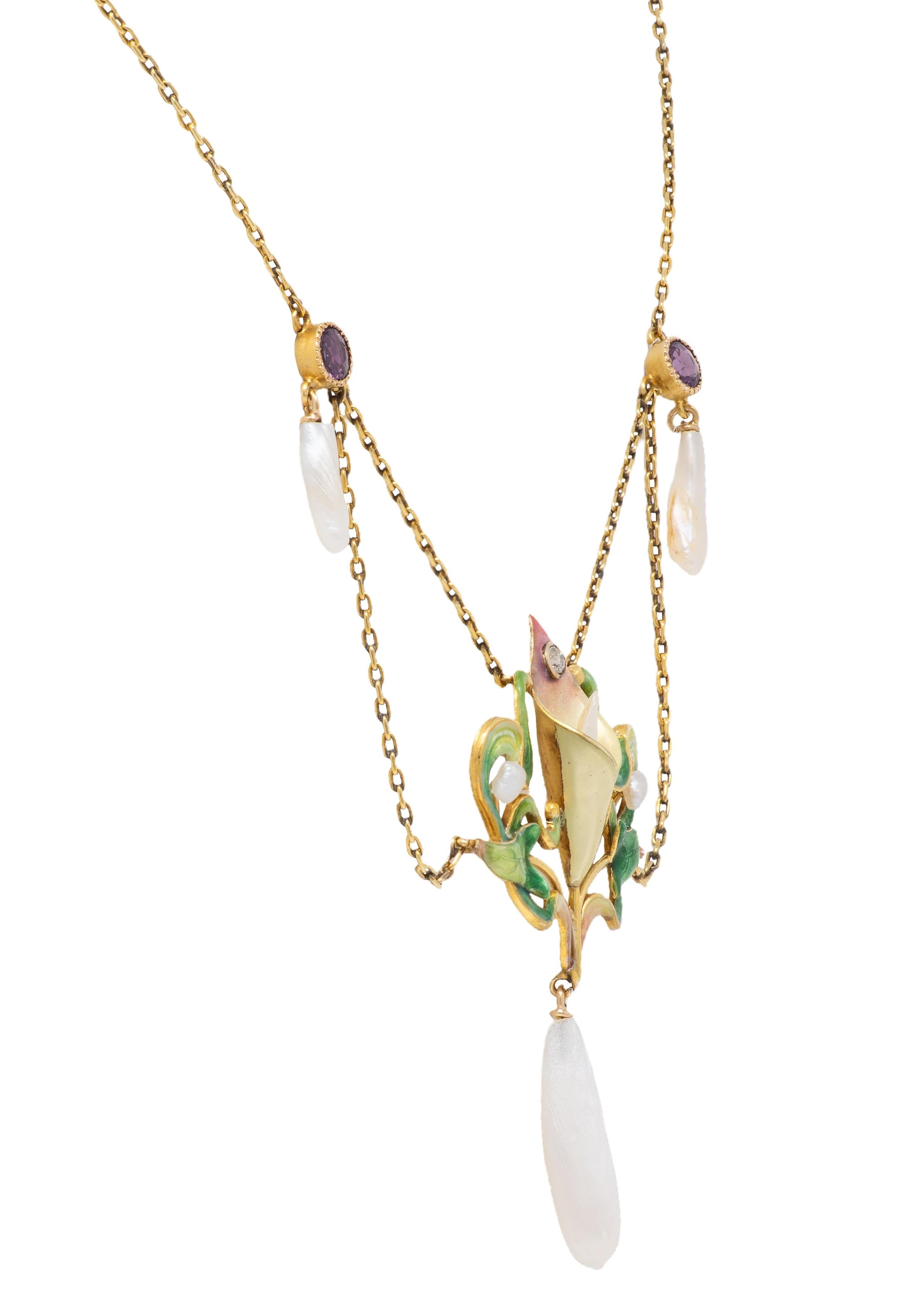 Art Nouveau Diamond Amethyst Pearl 14K Gold Antique Swagged Calla Lily Necklace