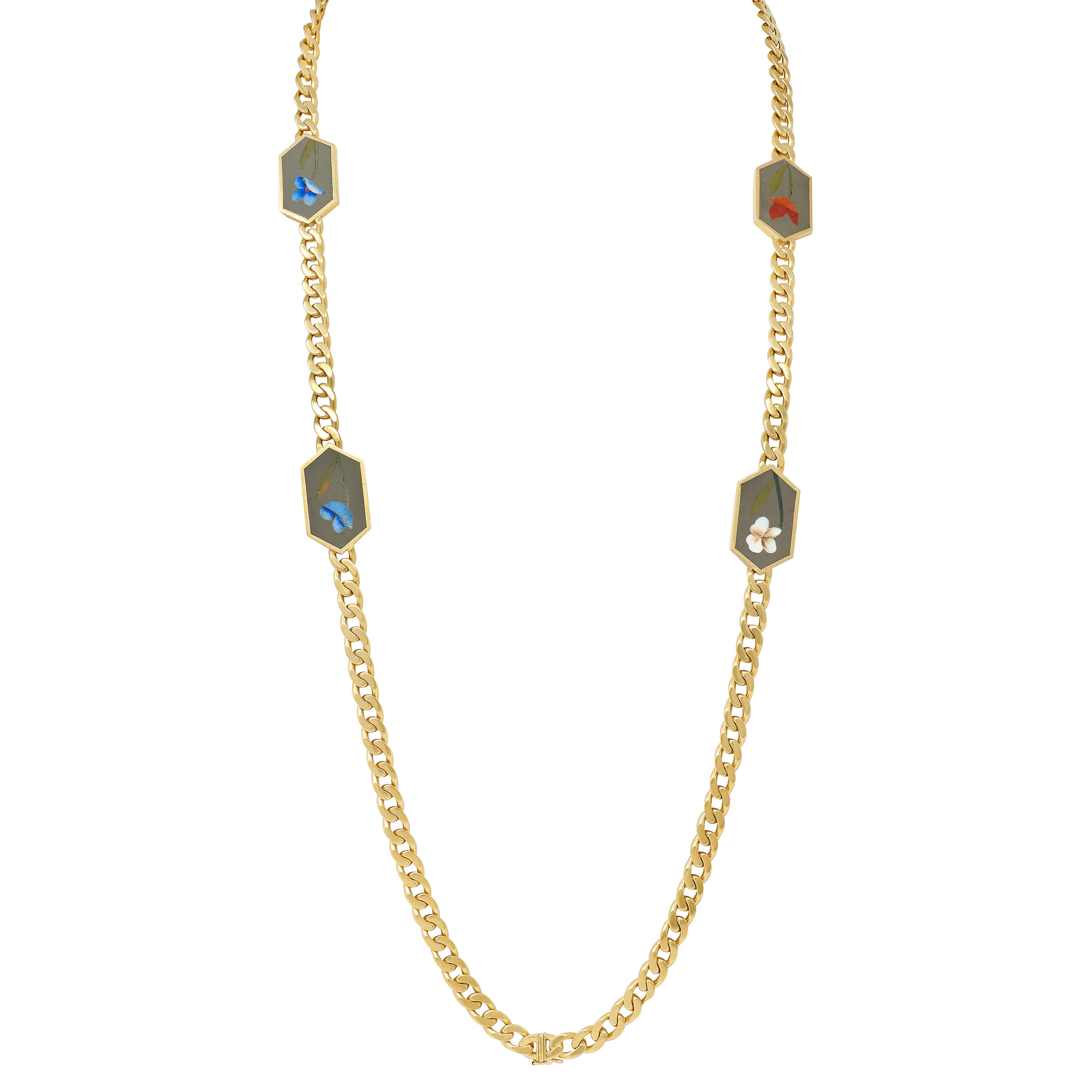 Bulgari 1970's Inlay Multi-Gem 18K Gold Vintage Curb Link Chain Floral Necklace