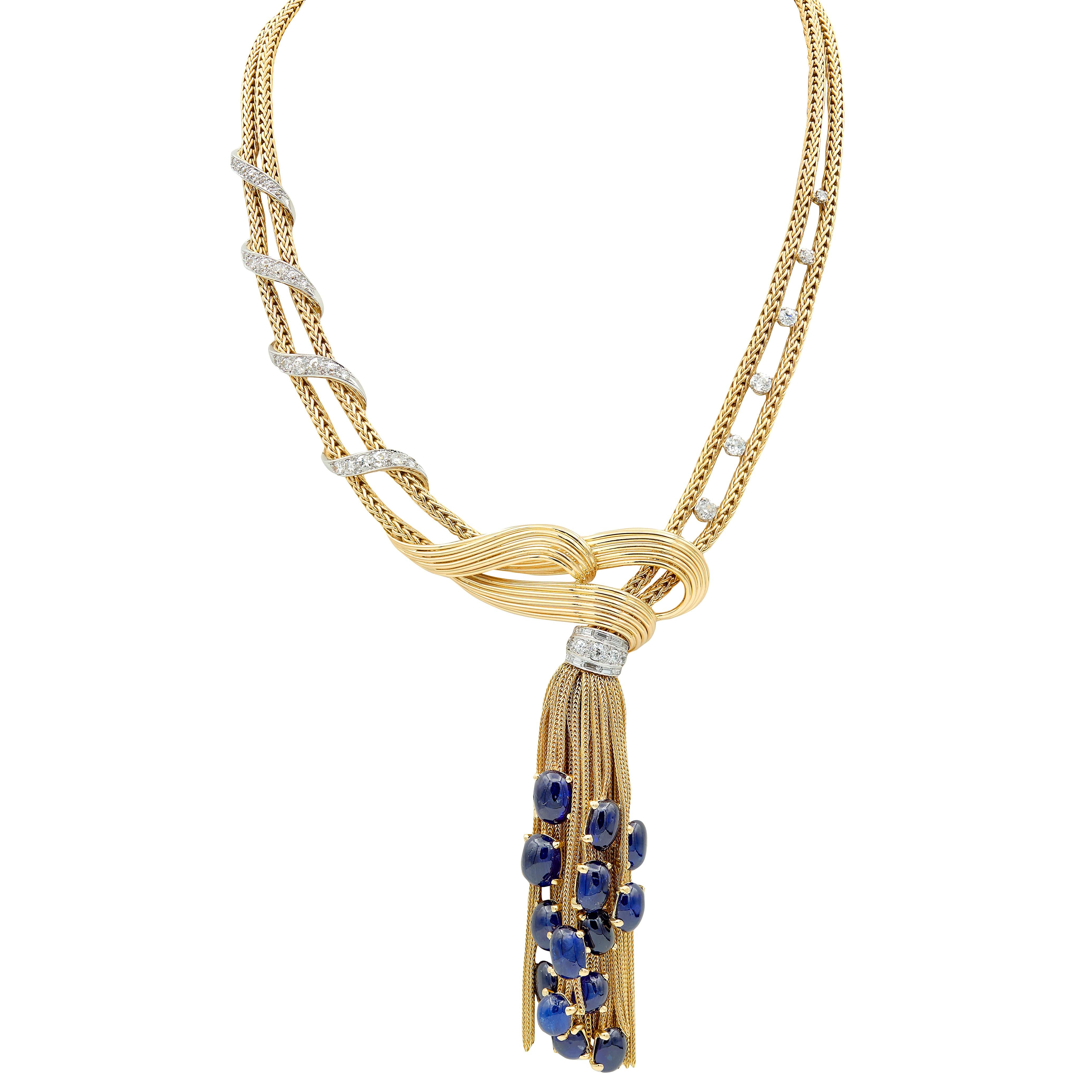 Boucheron Paris 1950's Sapphire Diamond 18K Yellow Gold Platinum Tassel Necklace