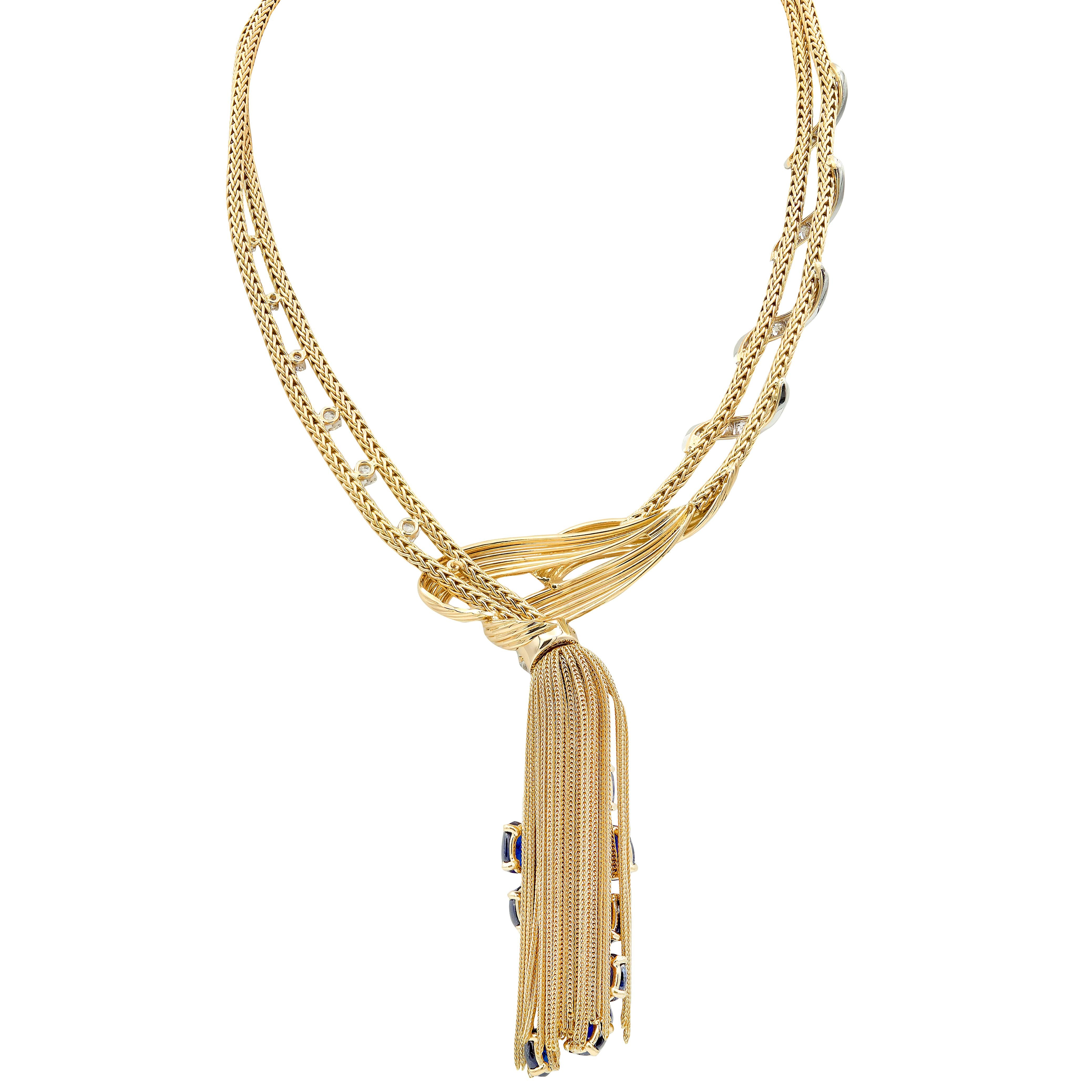 Boucheron Paris 1950's Sapphire Diamond 18K Yellow Gold Platinum Tassel Necklace