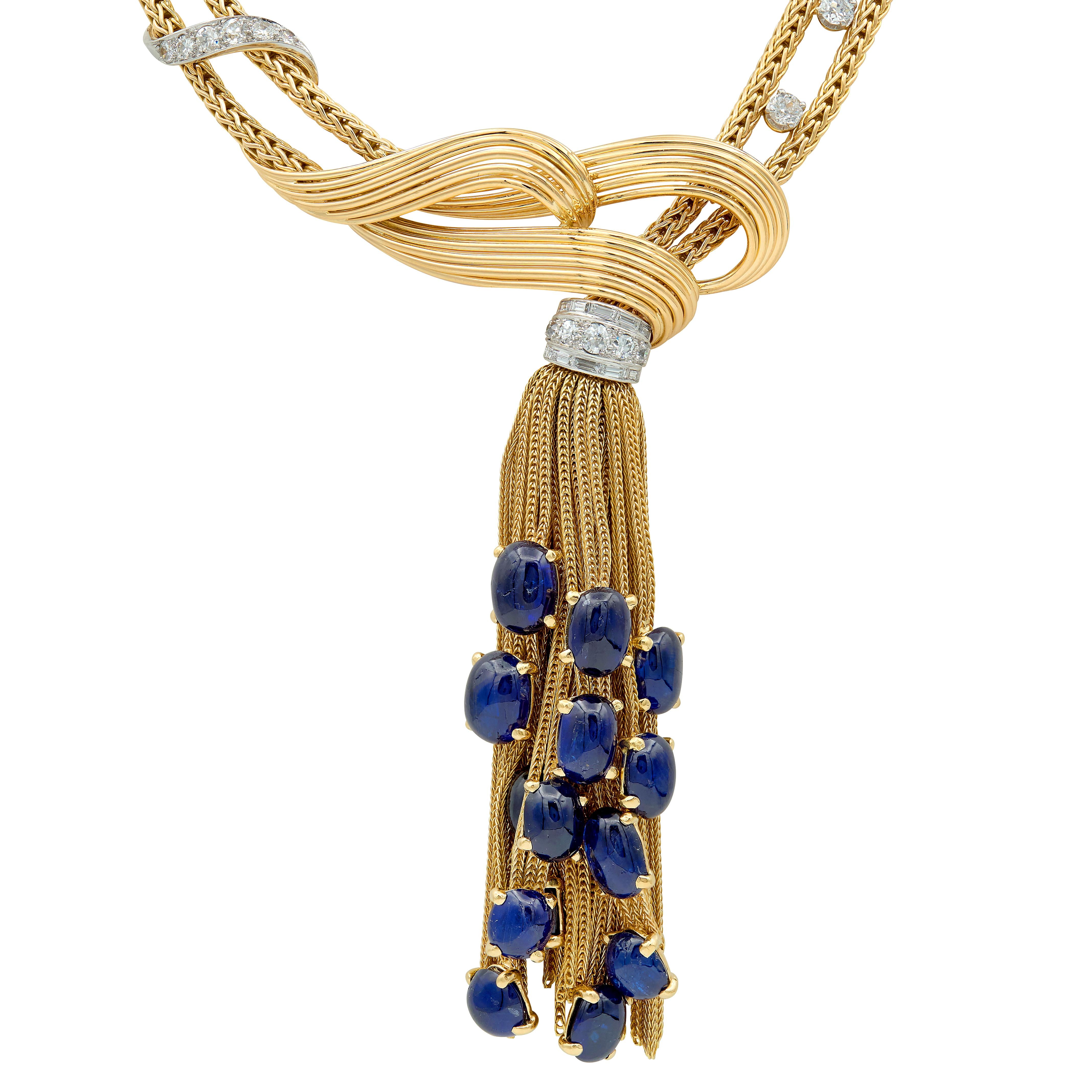 Boucheron Paris 1950's Sapphire Diamond 18K Yellow Gold Platinum Tassel Necklace