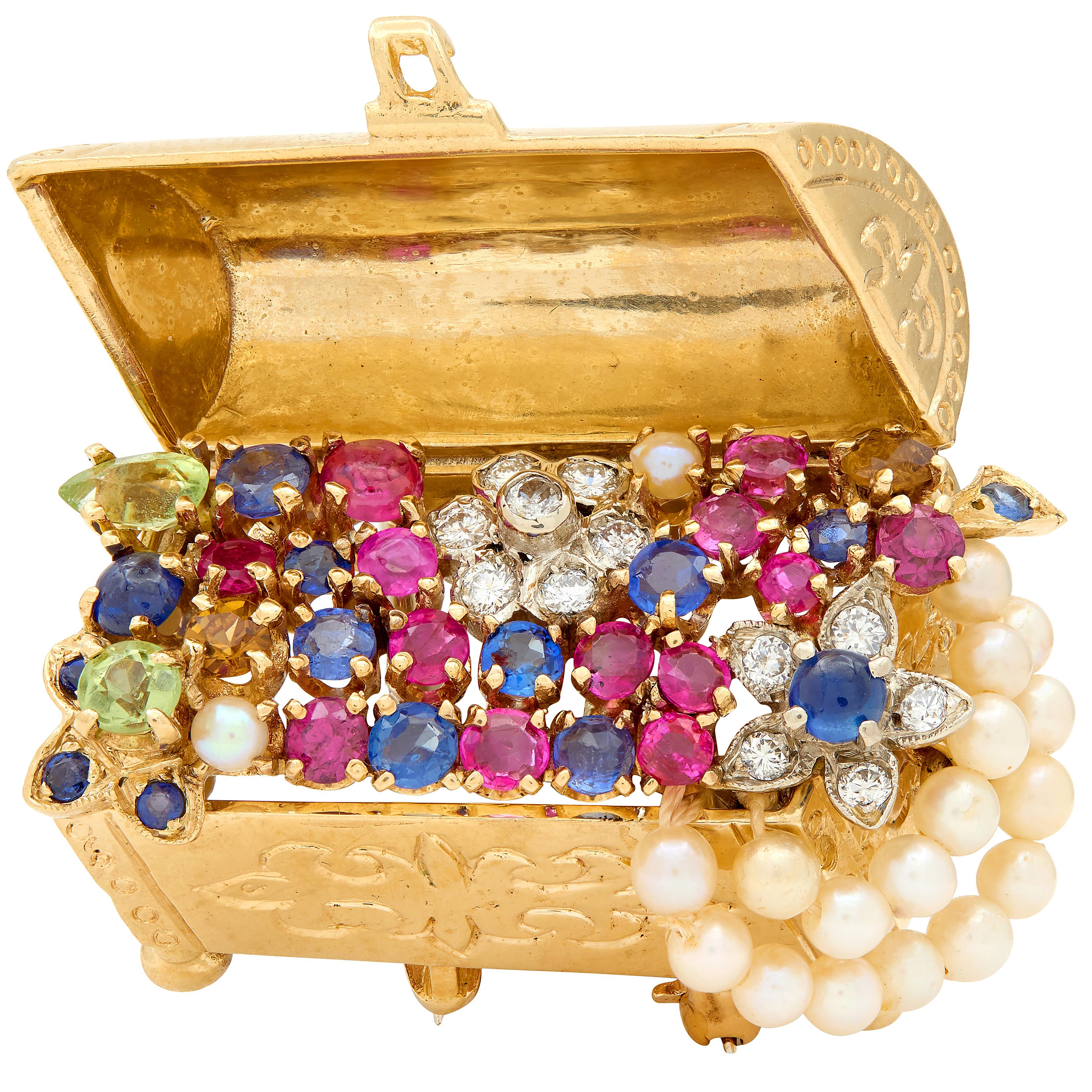 1960's Sapphire Multi-Gem Pearl 14K Gold Vintage Treasure Chest Brooch Pendant