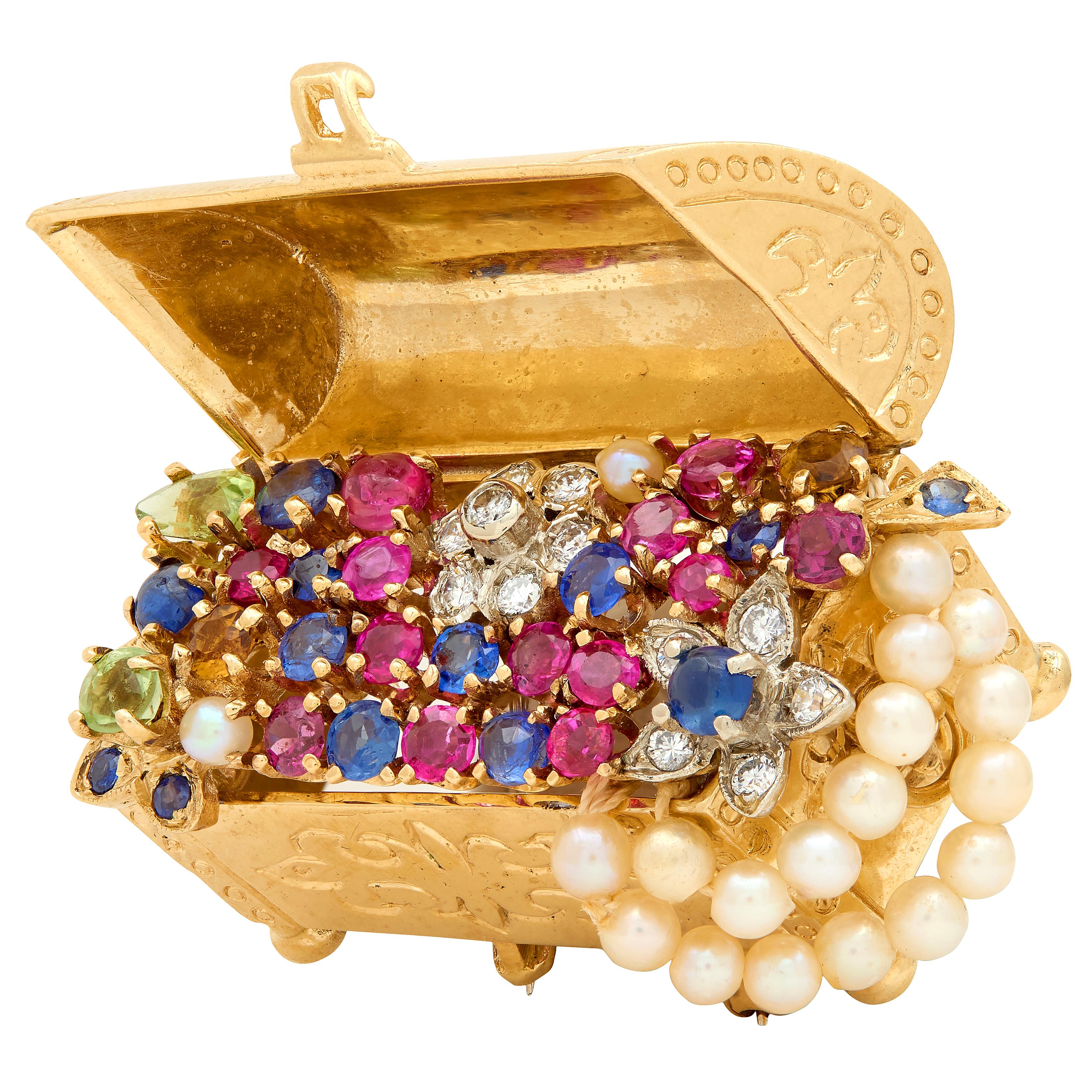 1960's Sapphire Multi-Gem Pearl 14K Gold Vintage Treasure Chest Brooch Pendant