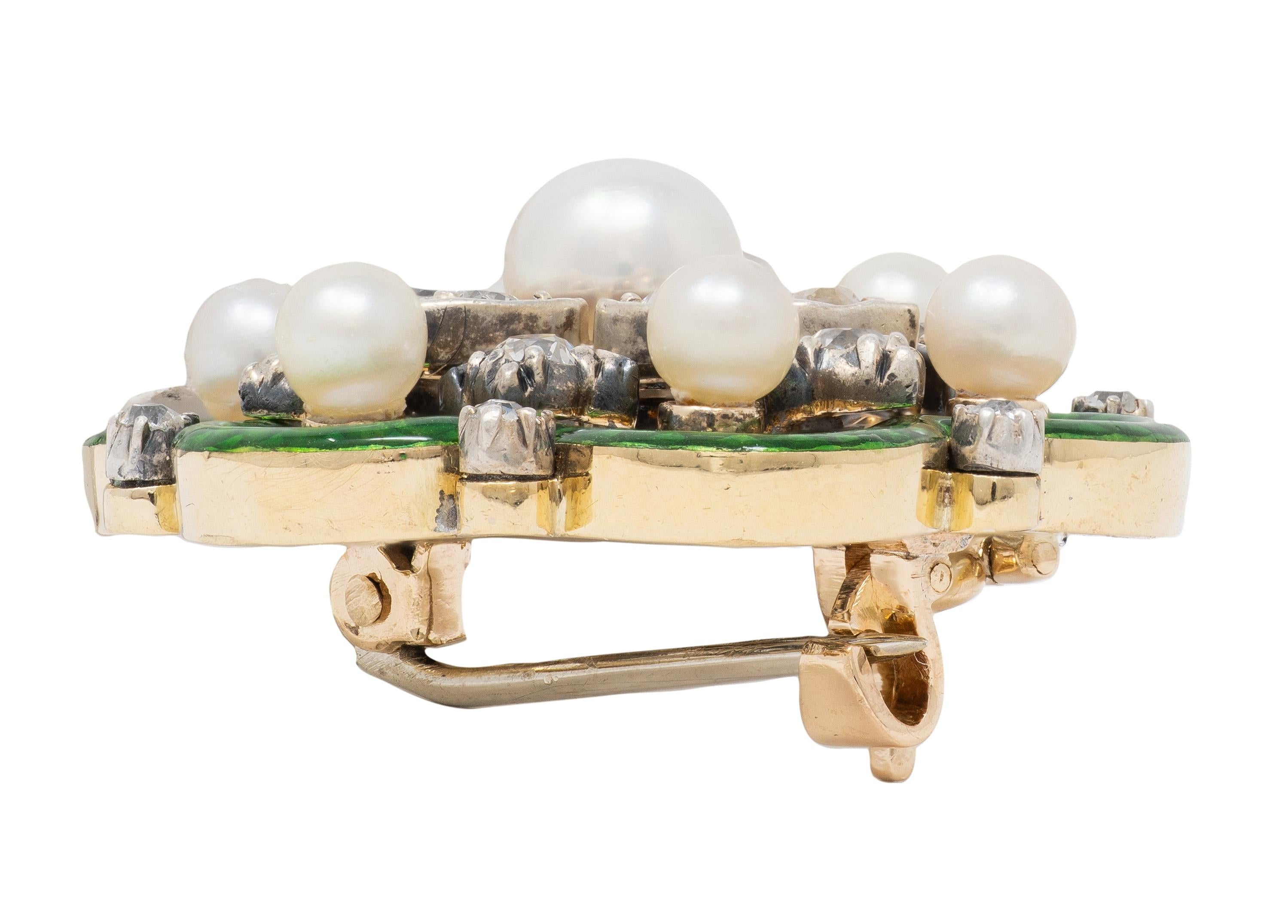 Victorian Pearl Old Mine Diamond Enamel 18K Gold Silver Antique Pendant Brooch