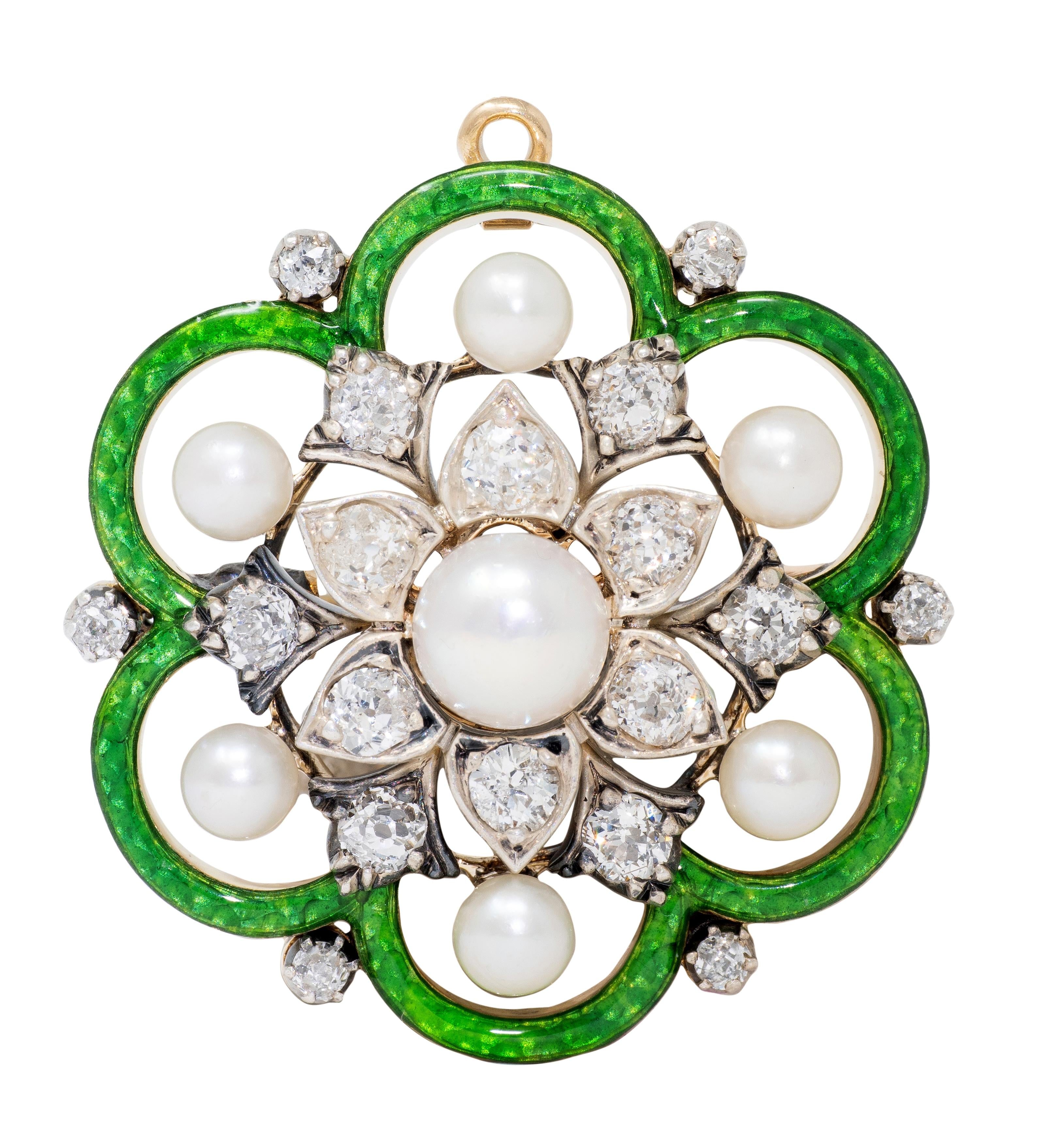 Victorian Pearl Old Mine Diamond Enamel 18K Gold Silver Antique Pendant Brooch