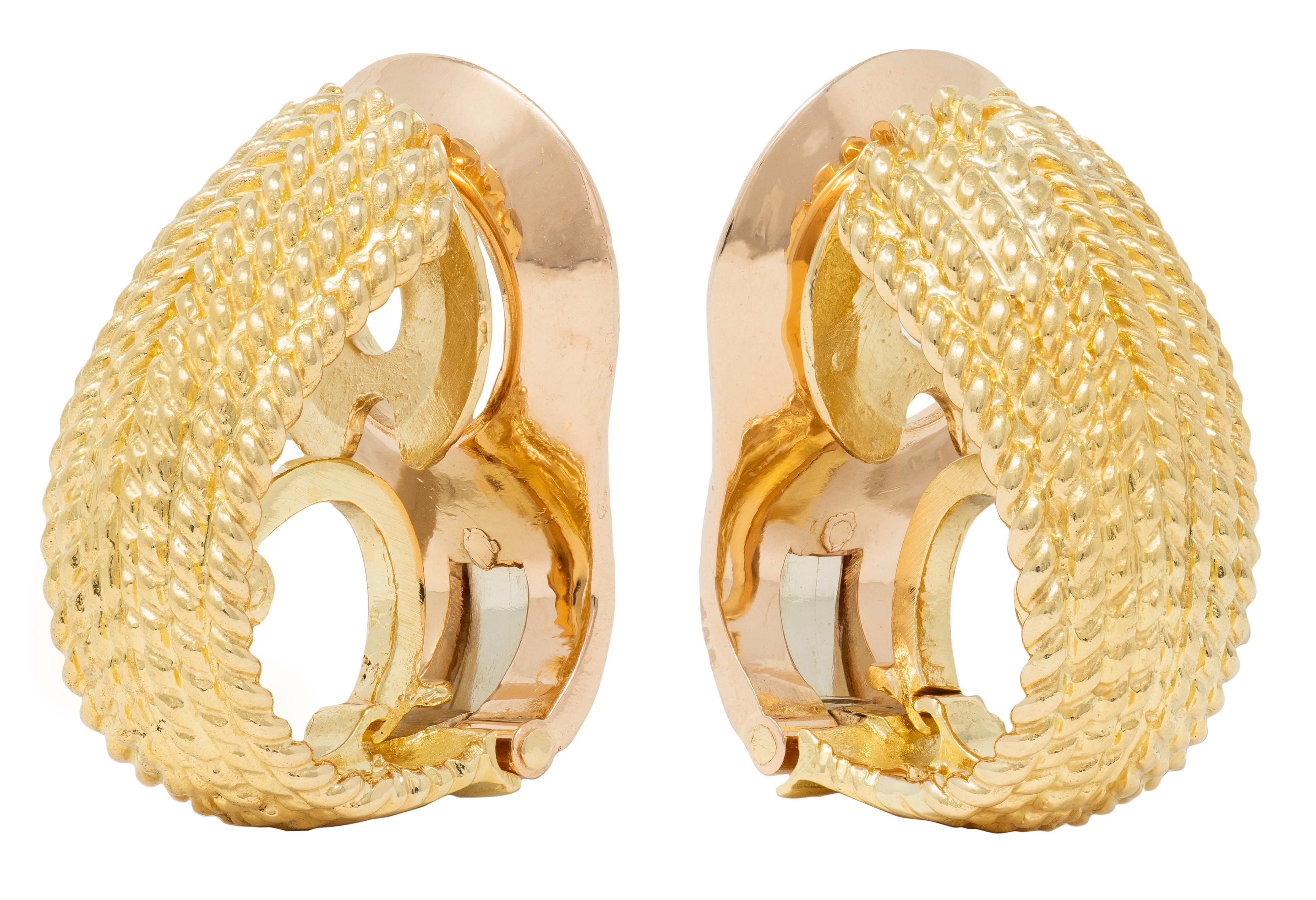 Van Cleef & Arpels French 1960's 18K Gold Twisted Rope J-Hoop Ear-Clip Earrings