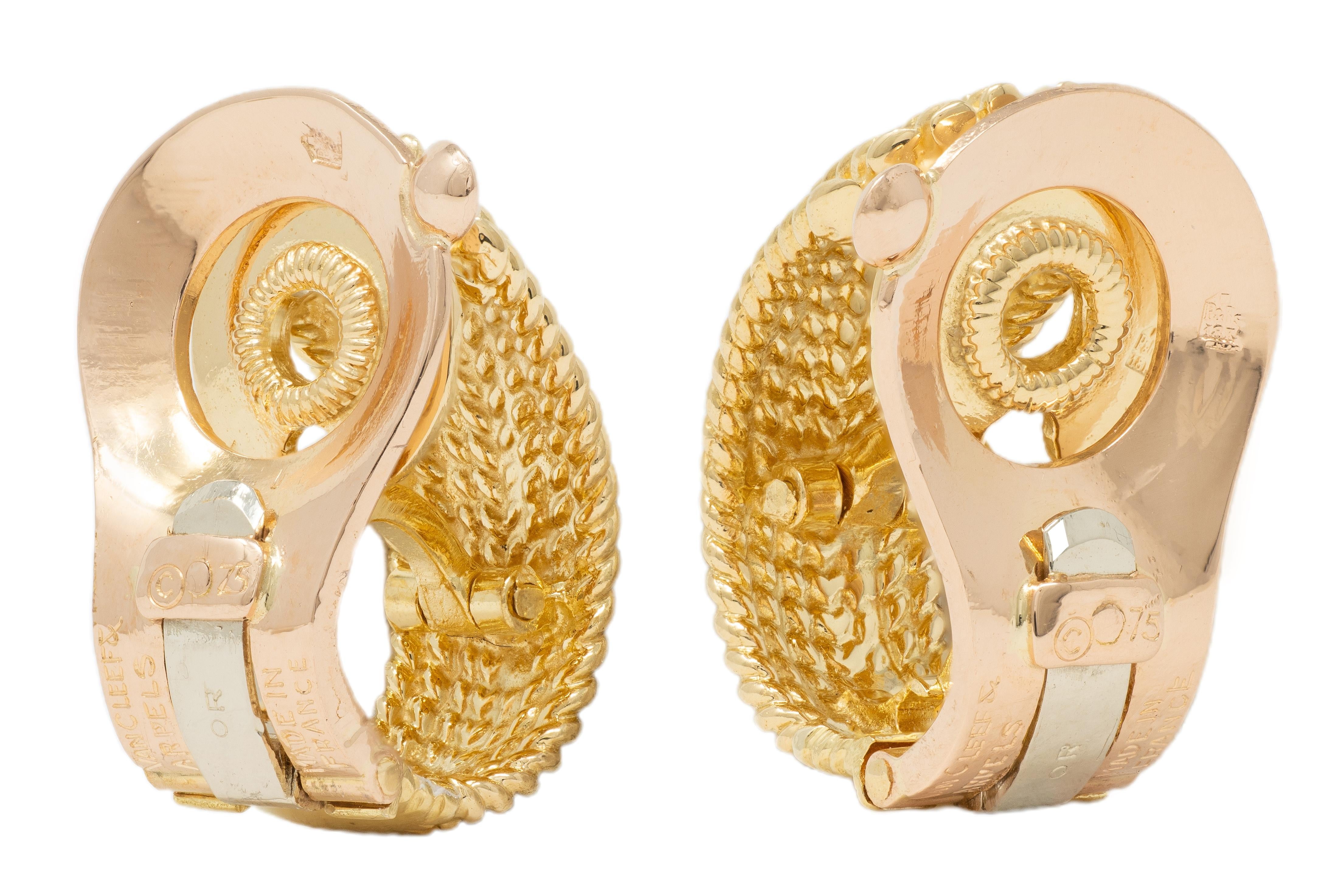 Van Cleef & Arpels French 1960's 18K Gold Twisted Rope J-Hoop Ear-Clip Earrings