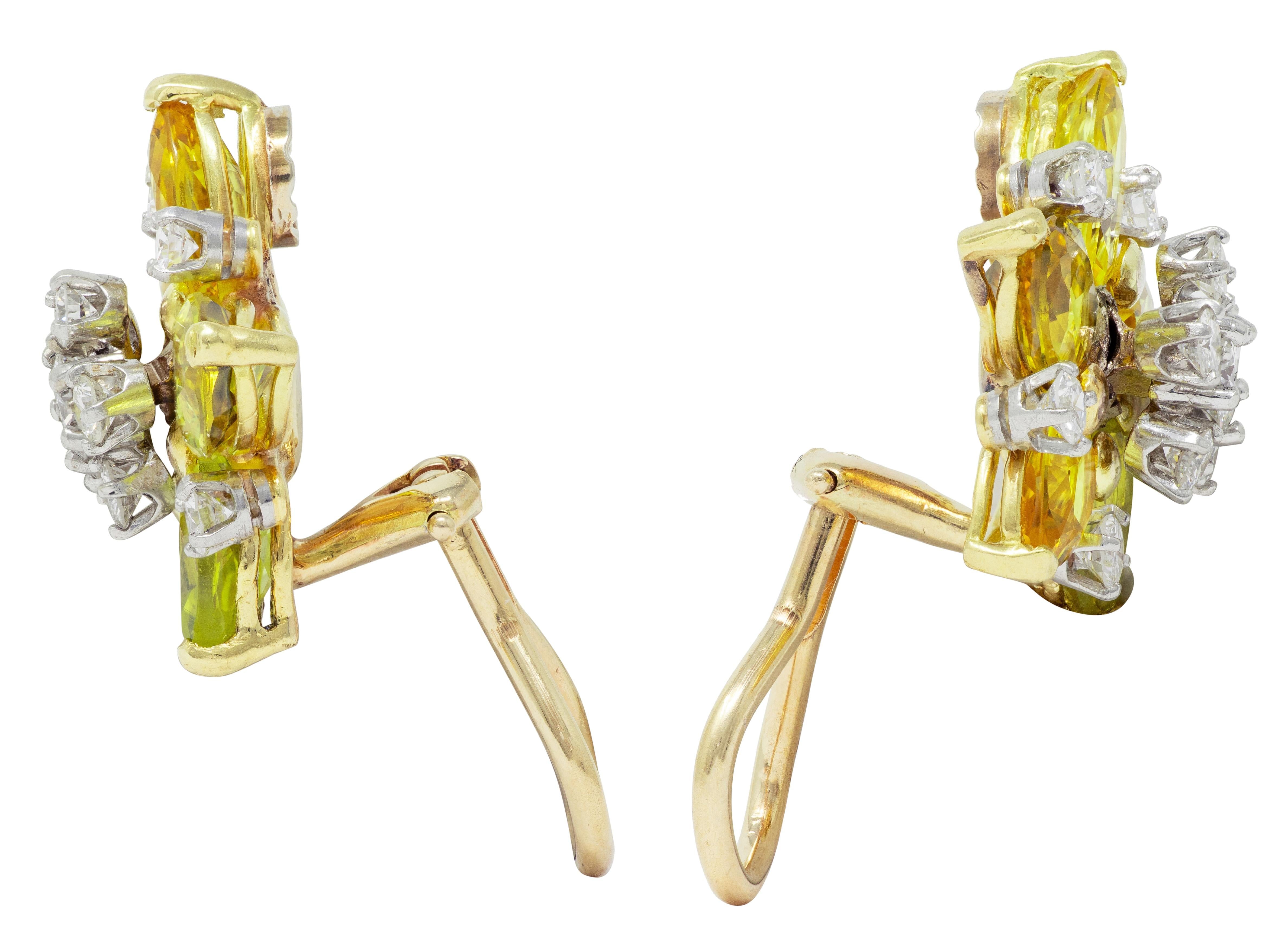 1950s Diamond Lemon Quartz Platinum 18K Tremblant Star Vintage Ear-Clip Earrings