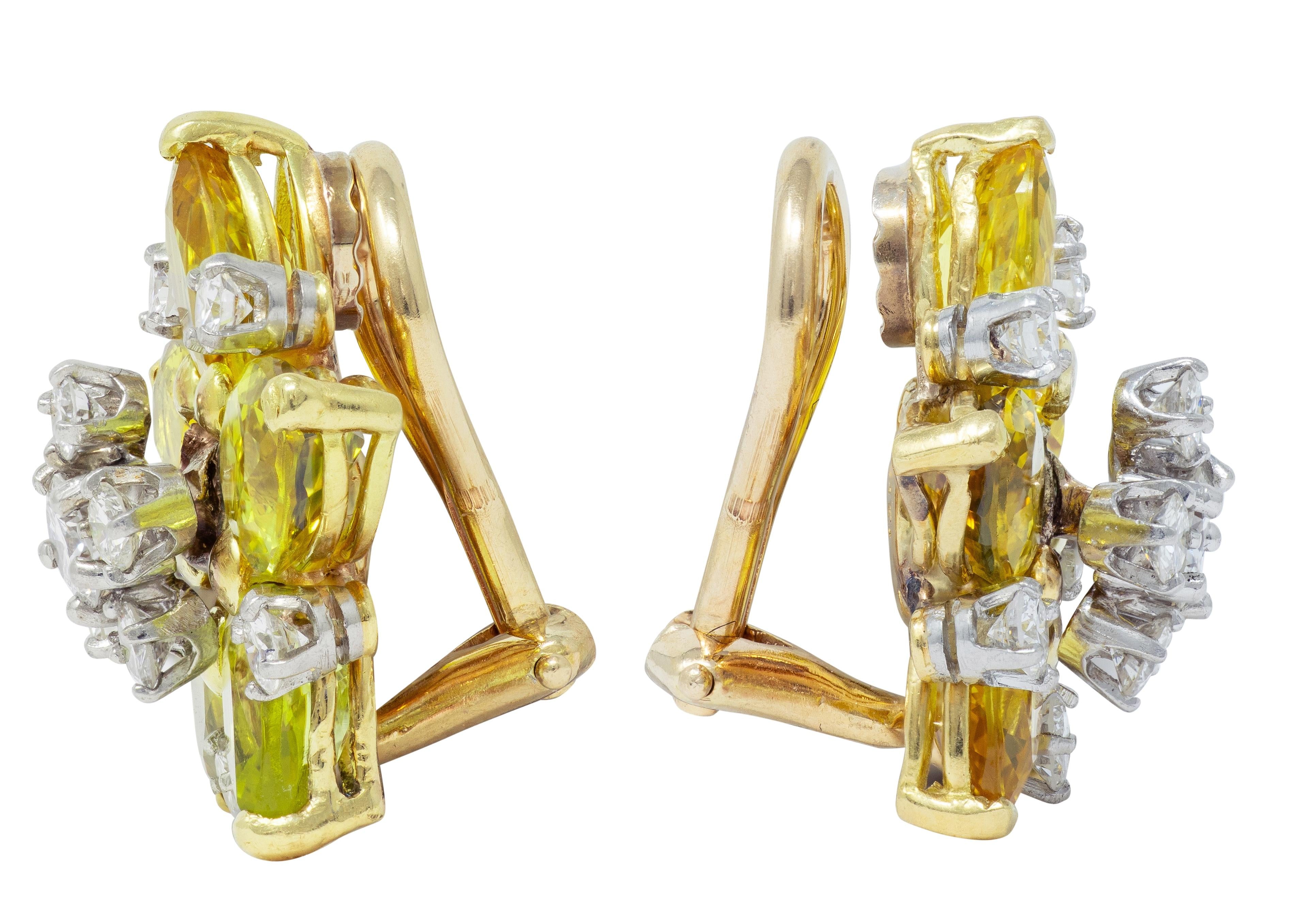 1950s Diamond Lemon Quartz Platinum 18K Tremblant Star Vintage Ear-Clip Earrings