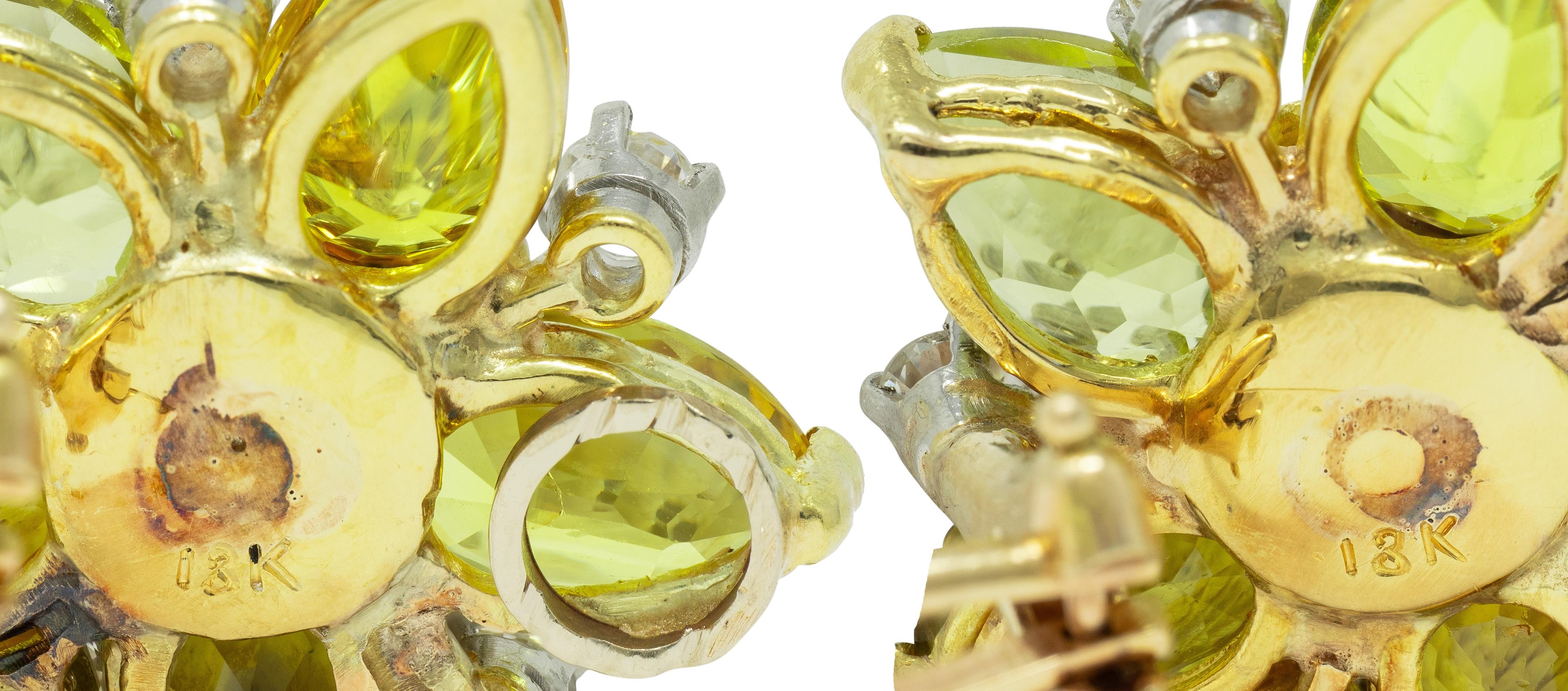 1950s Diamond Lemon Quartz Platinum 18K Tremblant Star Vintage Ear-Clip Earrings