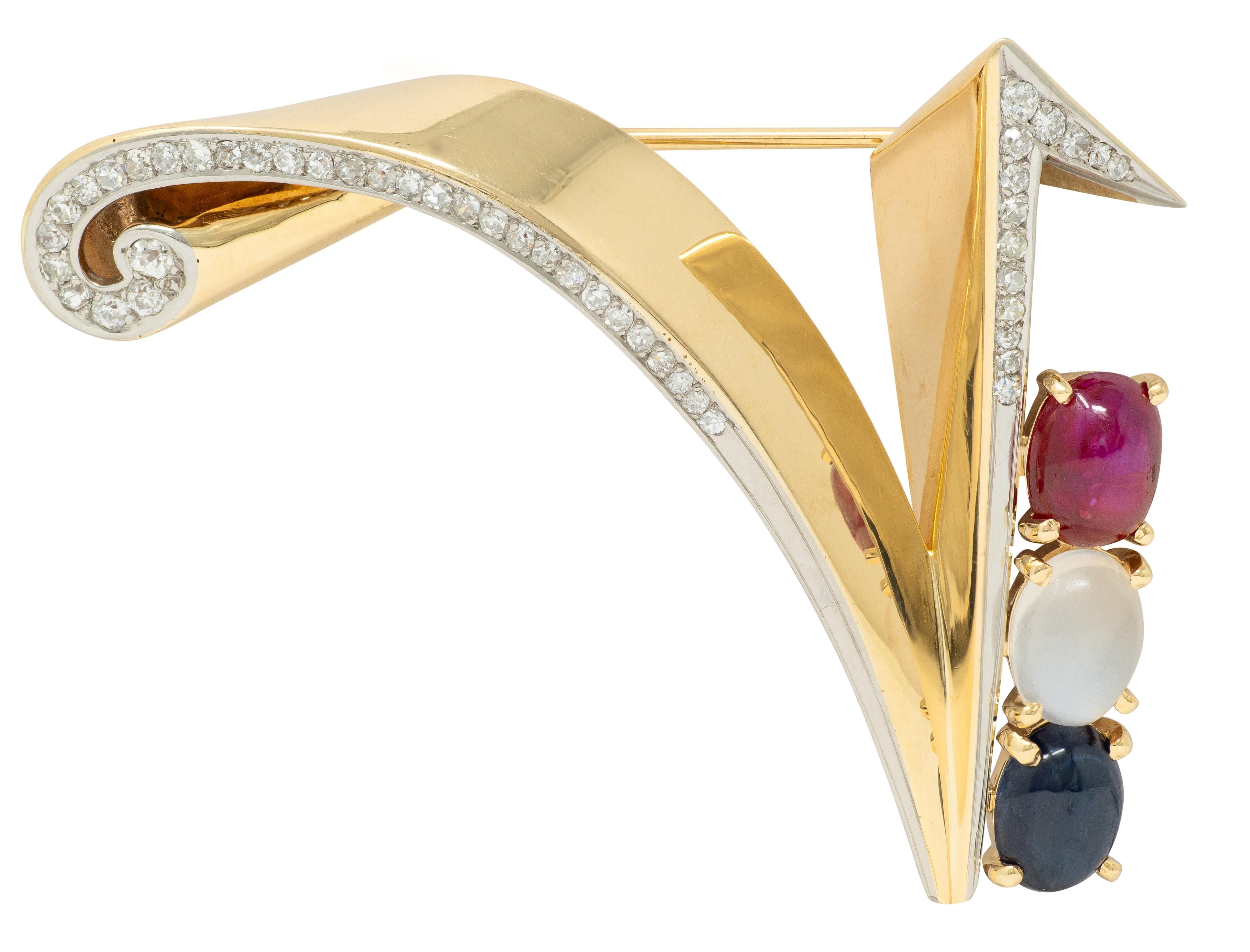 Traebert & Hoeffer Mauboussin 1945 Multi-Gem 14K Gold Vintage Victory Brooch