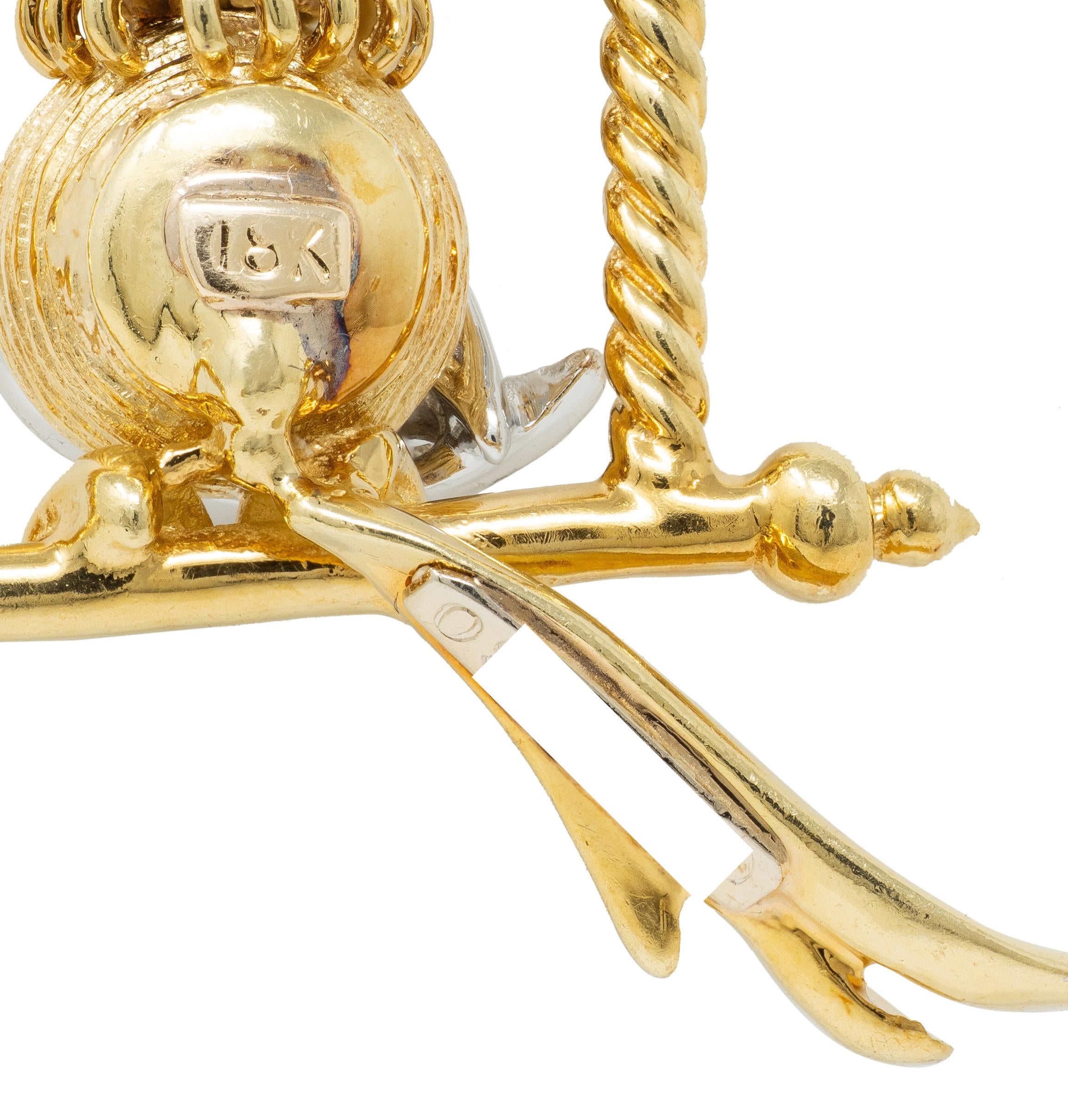 Diamond Ruby Platinum 18 Karat Yellow Gold Bird-On-A-Swing Pendant Necklace