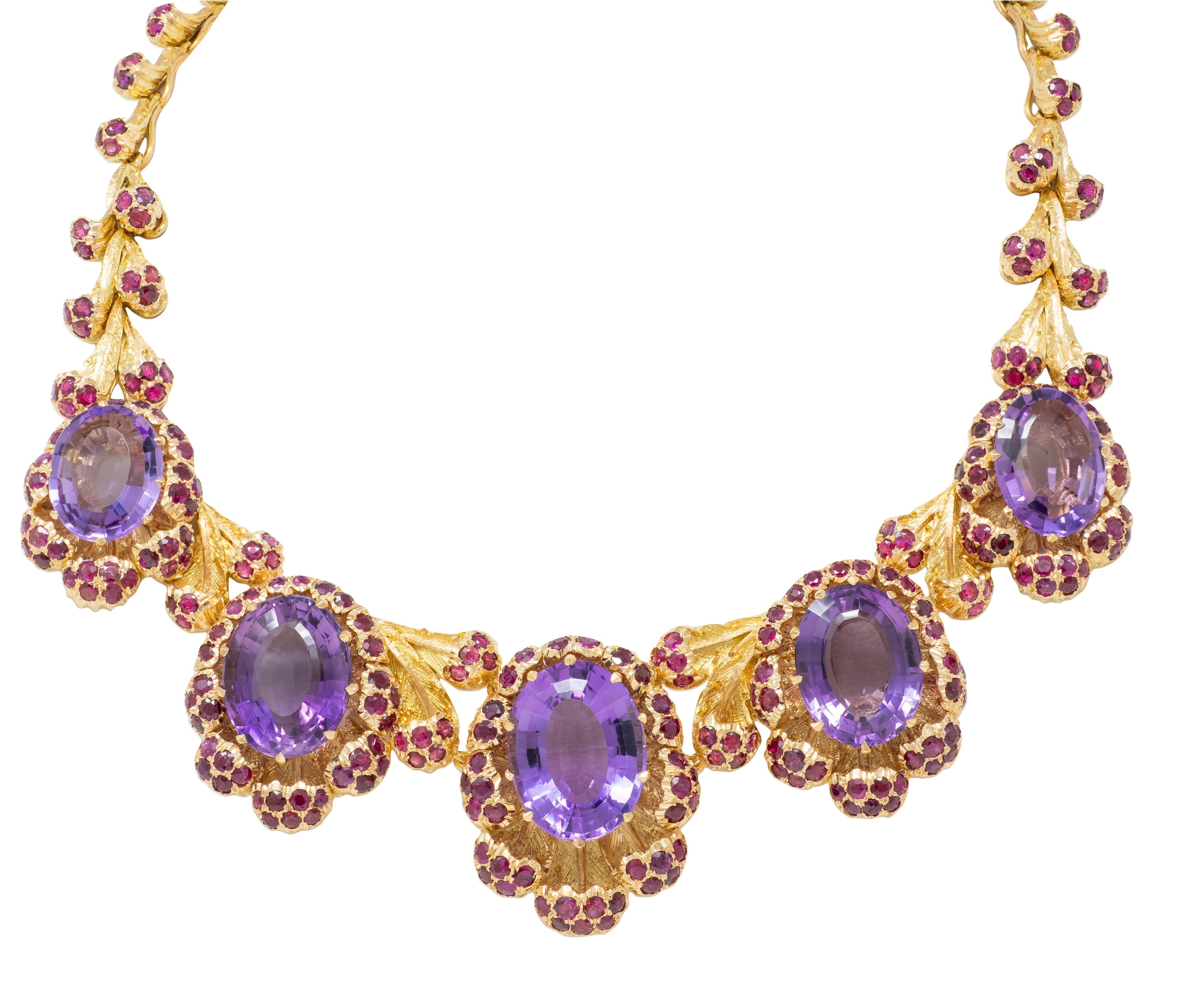 Buccellati 1960 132.76 CTW Amethyst Ruby 18K Gold Vintage Floral Collar Necklace