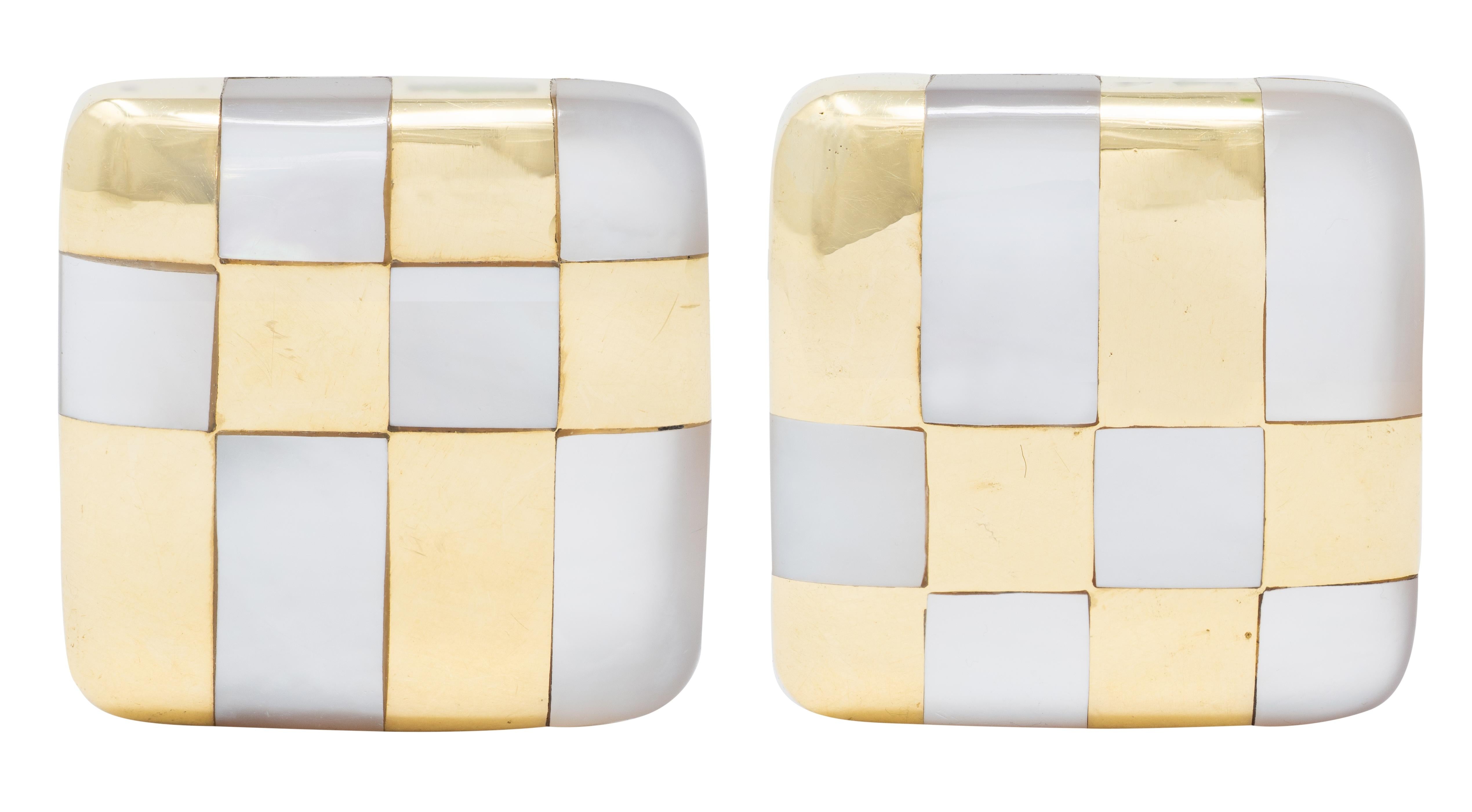 Tiffany & Co Angela Cummings 1982 Pearl 18K Vintage Inlay Checkered Earrings