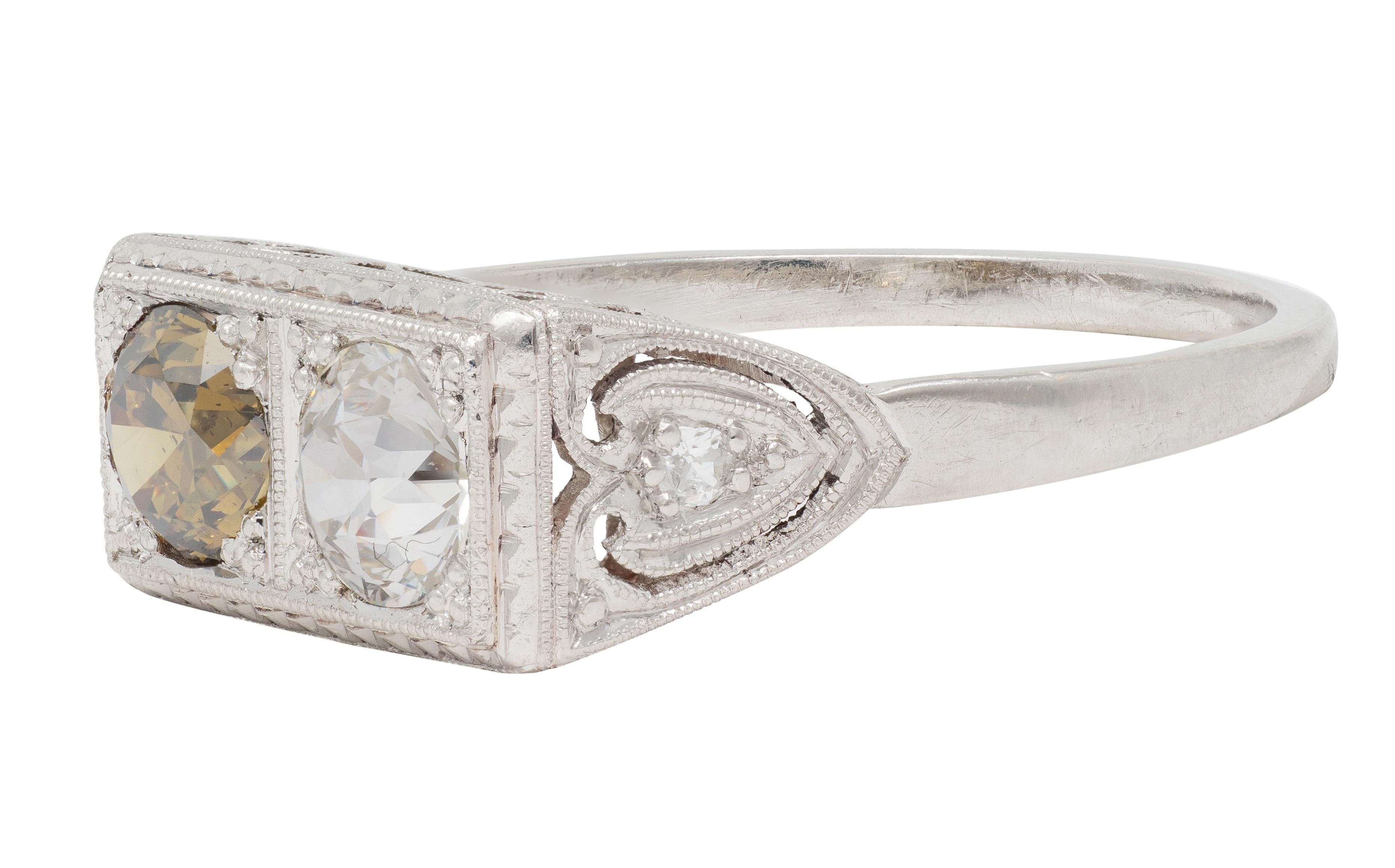 Art Deco Fancy Diamond Platinum Vintage Toi Et Moi Heart Engagement Ring