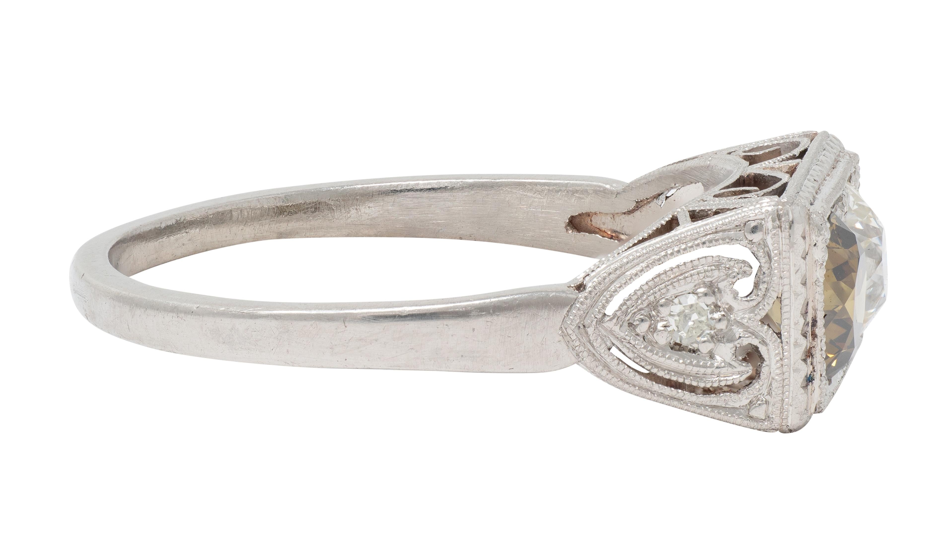 Art Deco Fancy Diamond Platinum Vintage Toi Et Moi Heart Engagement Ring