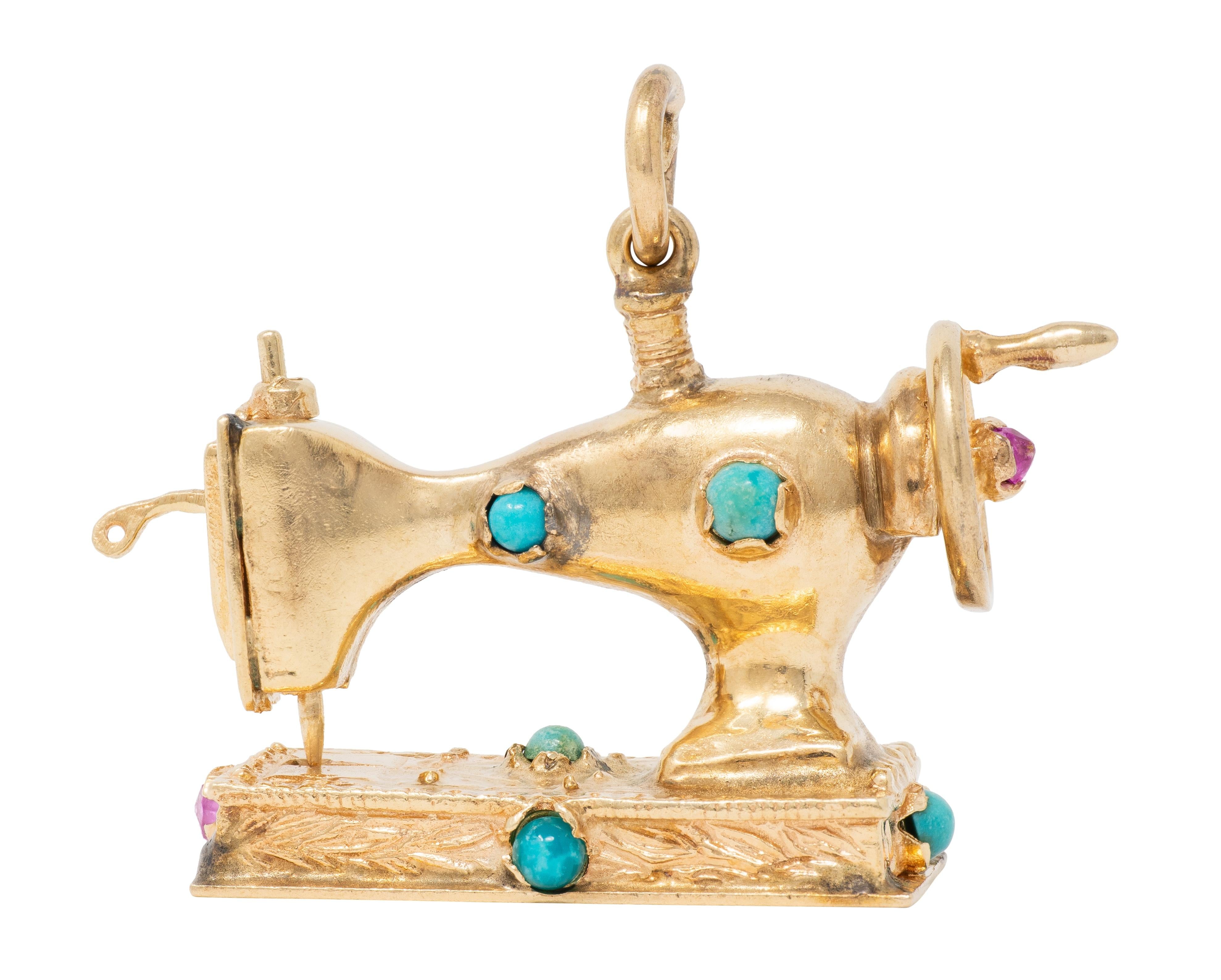 1960's Turquoise Topaz 14 Karat Yellow Gold Antique Sewing Machine Pendant Charm