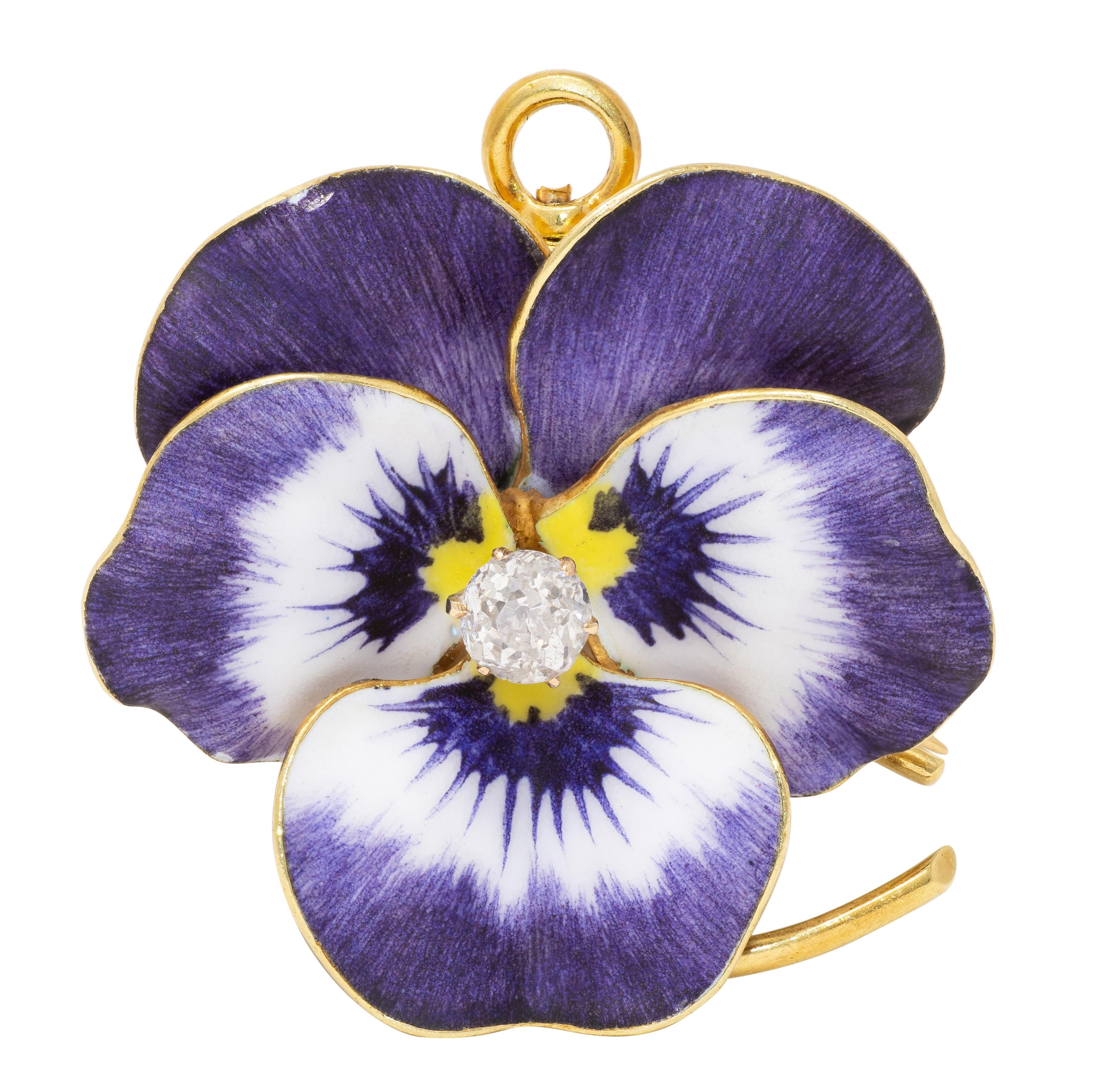 Art Nouveau Diamond Enamel 14K Yellow Gold Pansy Flower Antique Pendant Brooch