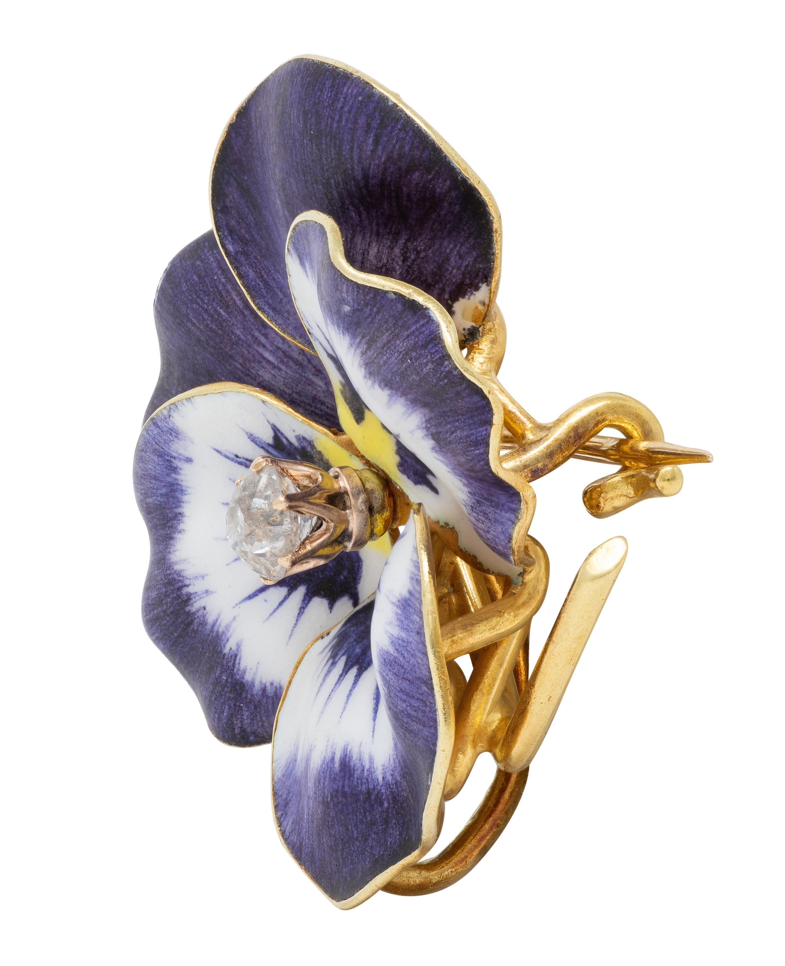 Art Nouveau Diamond Enamel 14K Yellow Gold Pansy Flower Antique Pendant Brooch