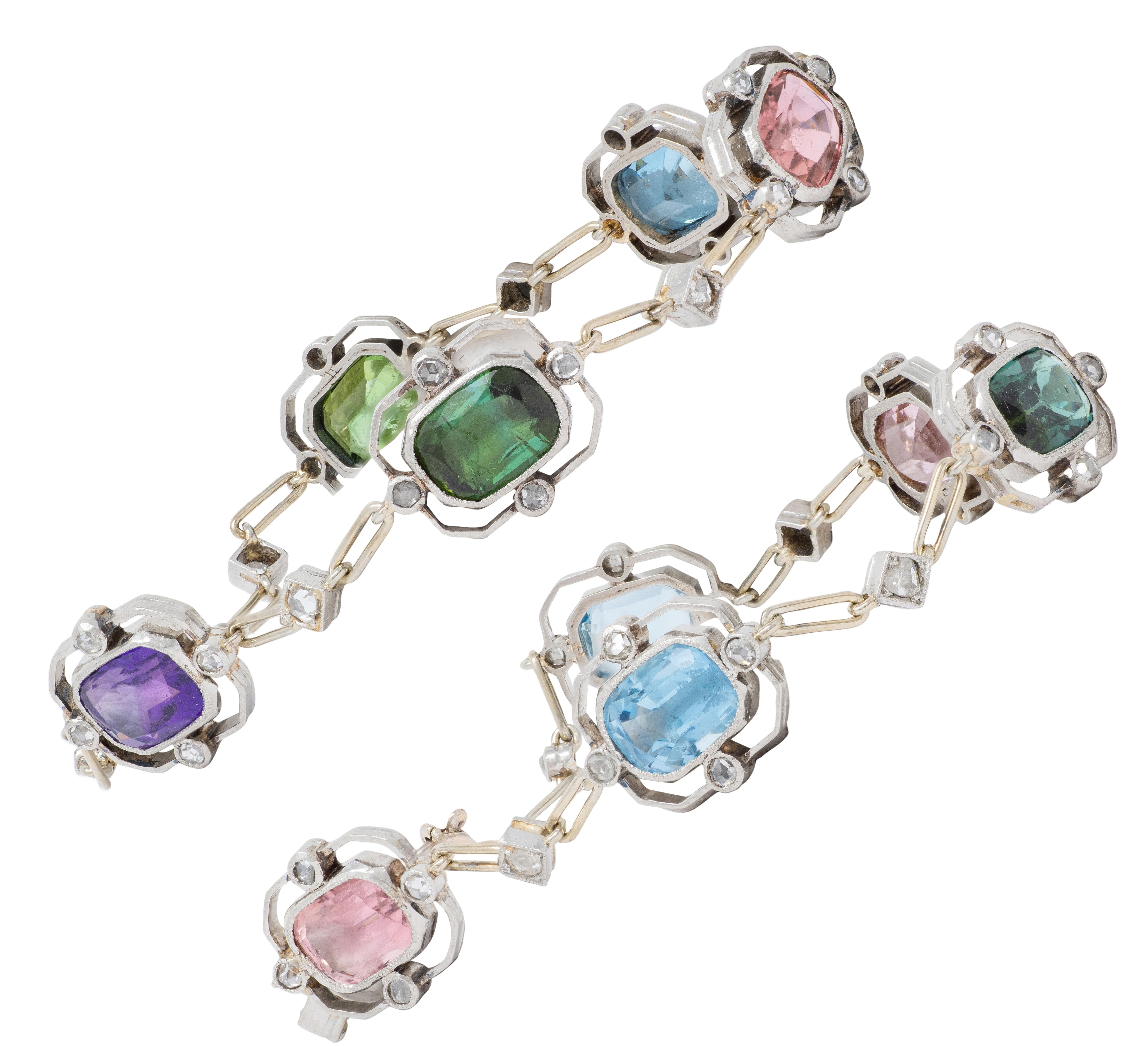 Art Deco Diamond Multi-Gem Platinum 18K Antique Quatrefoil Link Bracelet Set