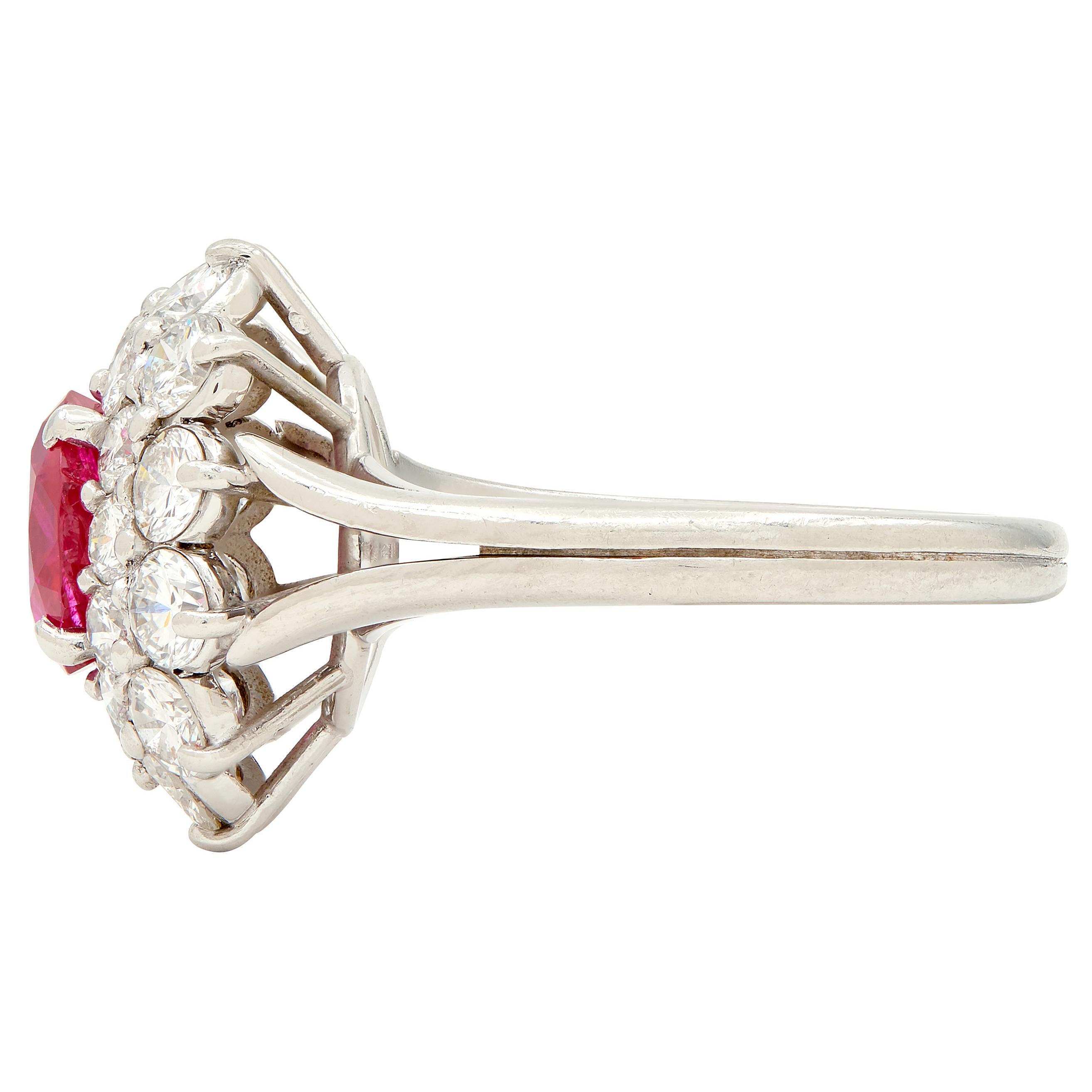 1950's 4.00 CTW No-Heat Burma Ruby Diamond Platinum Vintage Double Halo Ring AGL