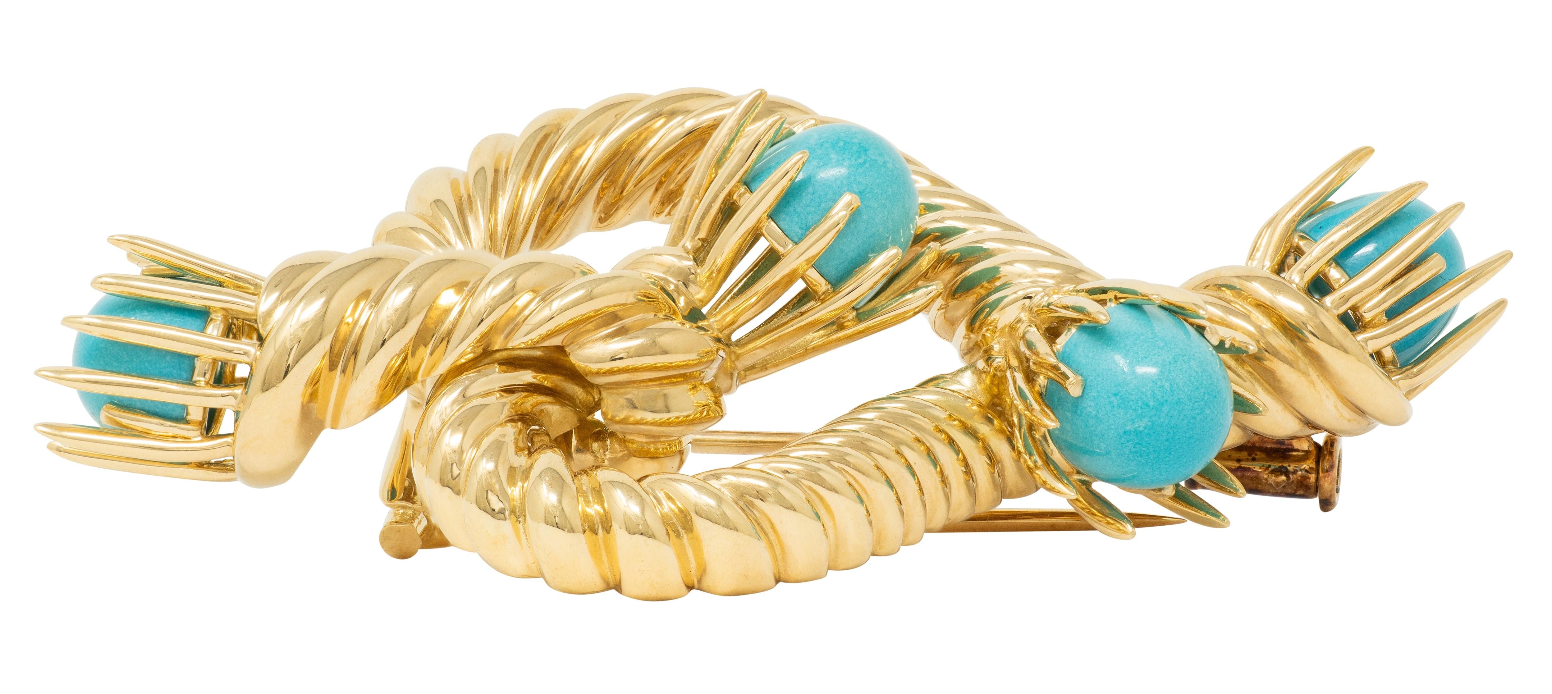 Tiffany & Co. Schlumberger 1960's Turquoise 18K Gold Vintage Rope Heart Brooch