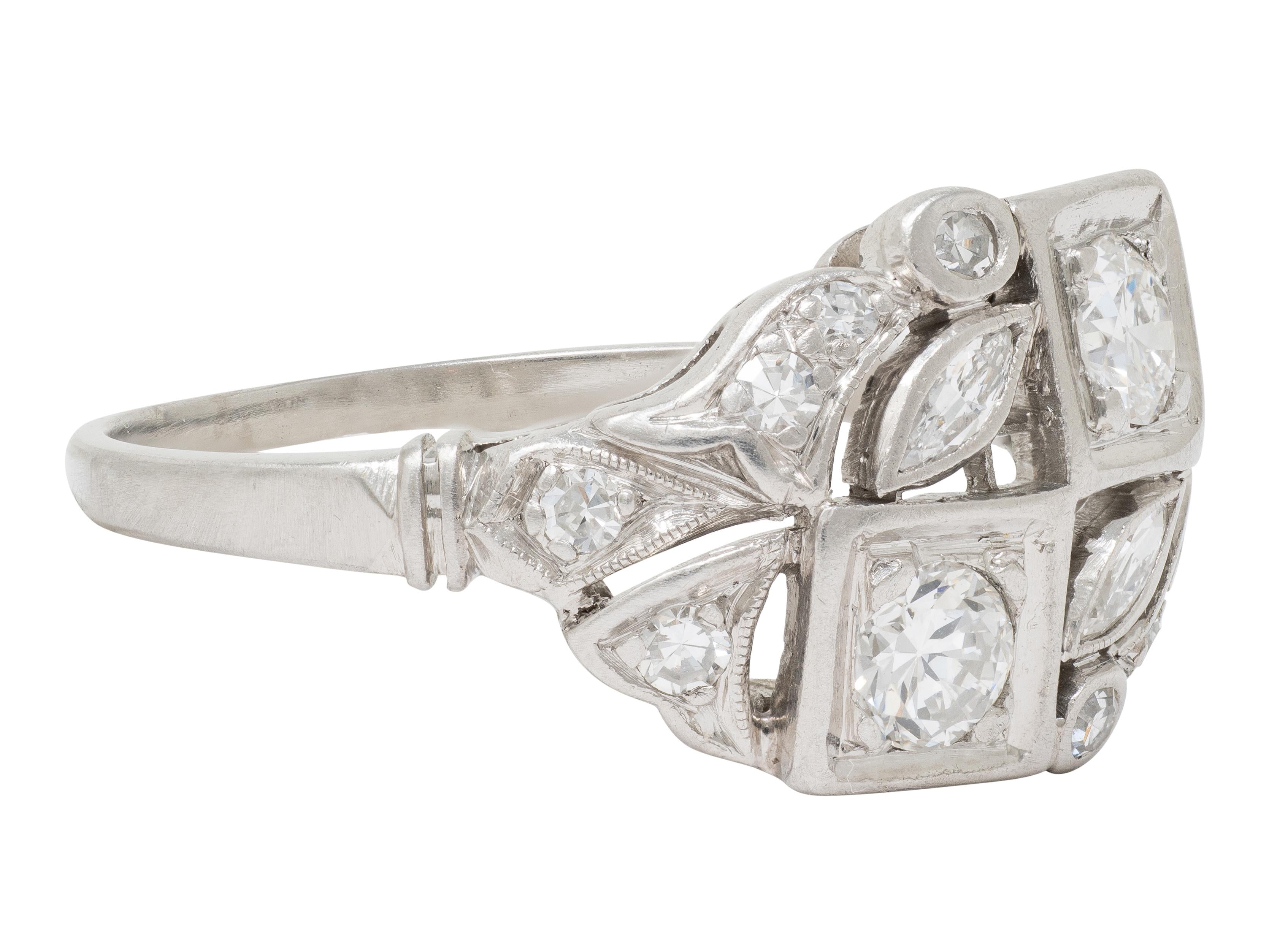 Art Deco Old European Cut Diamond Platinum Vintage Foliate Cluster Ring