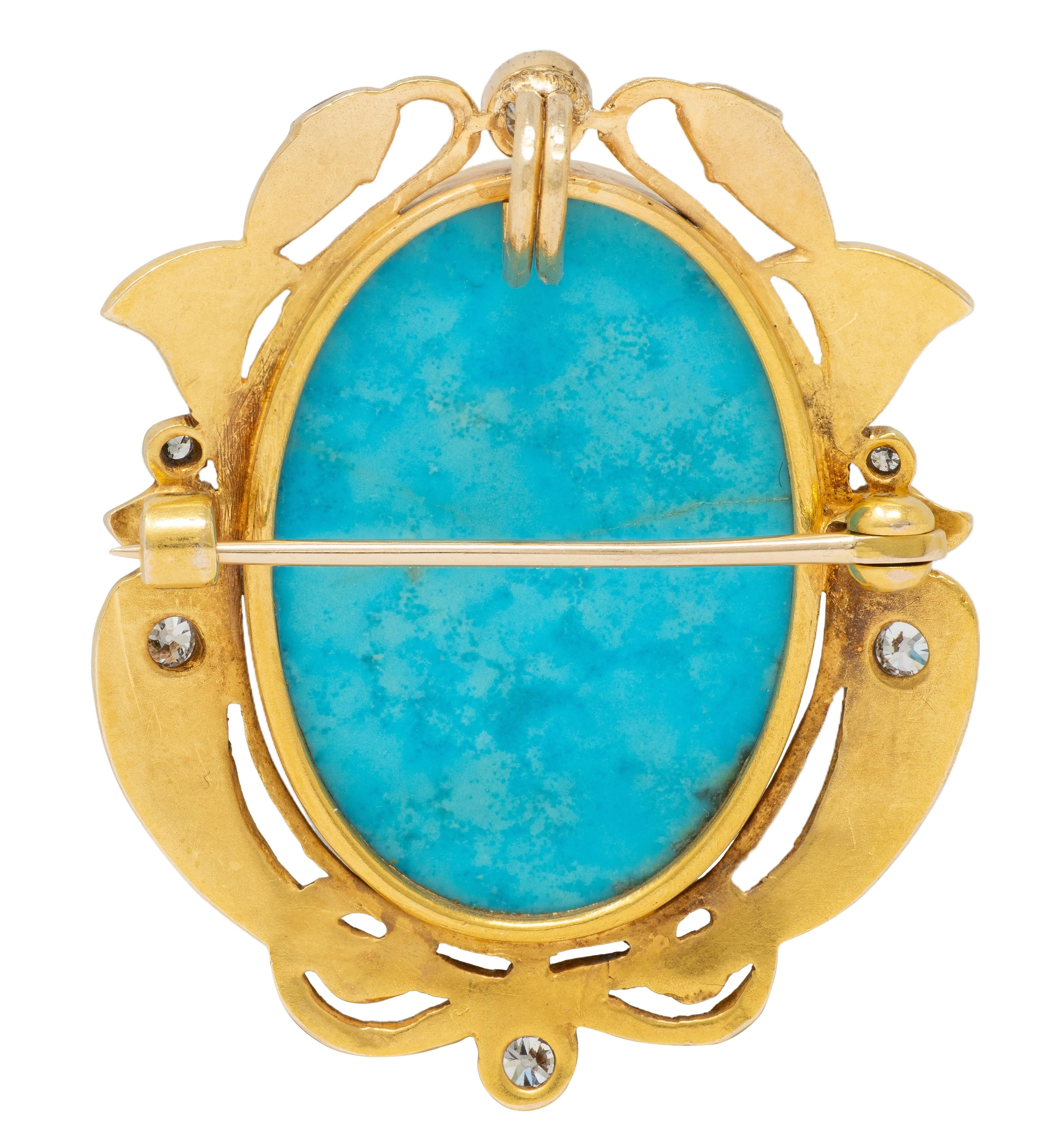 Art Deco Turquoise Diamond Enamel 14K Gold Antique Egyptian Scarab Brooch