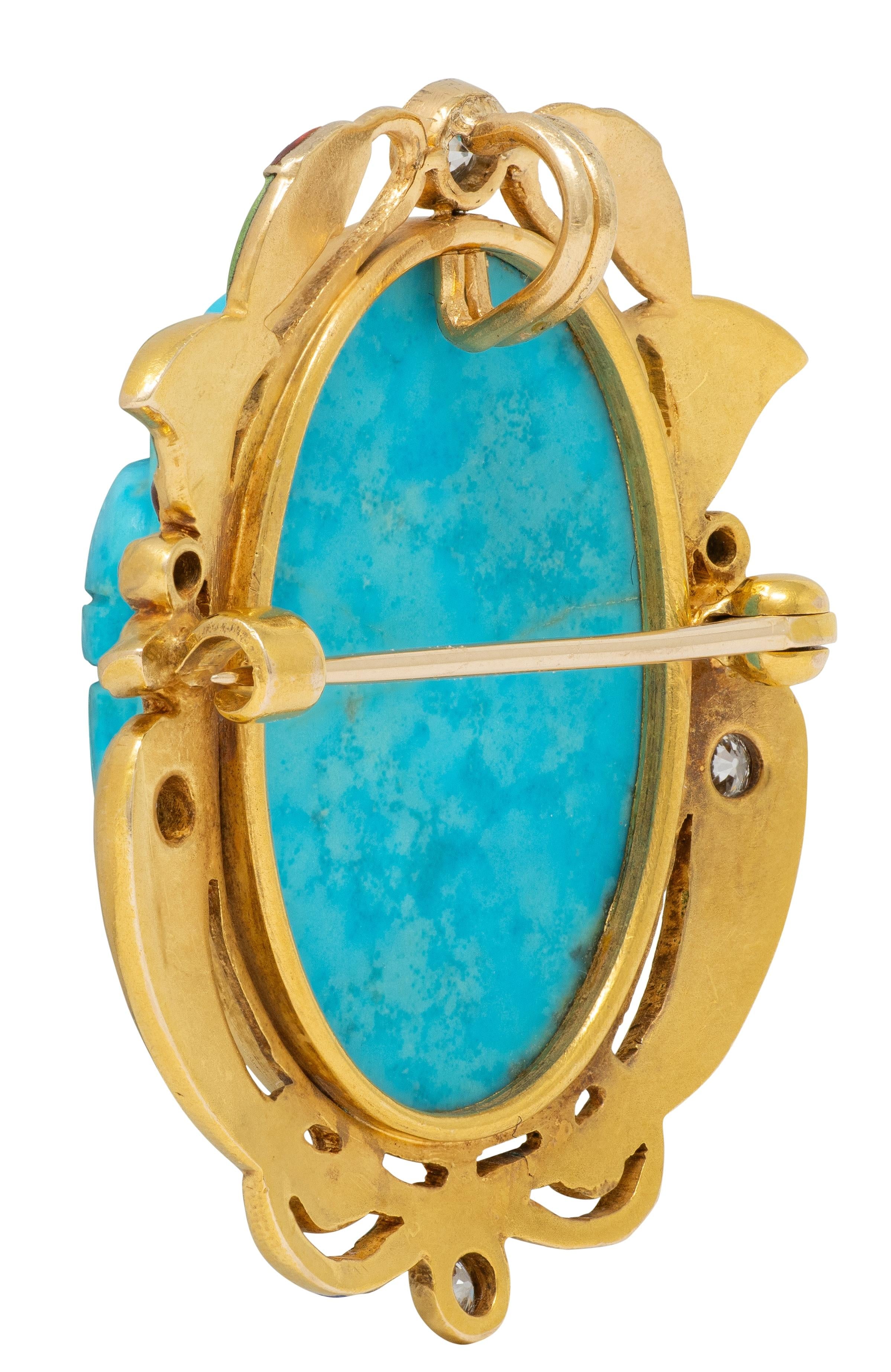 Art Deco Turquoise Diamond Enamel 14K Gold Antique Egyptian Scarab Brooch