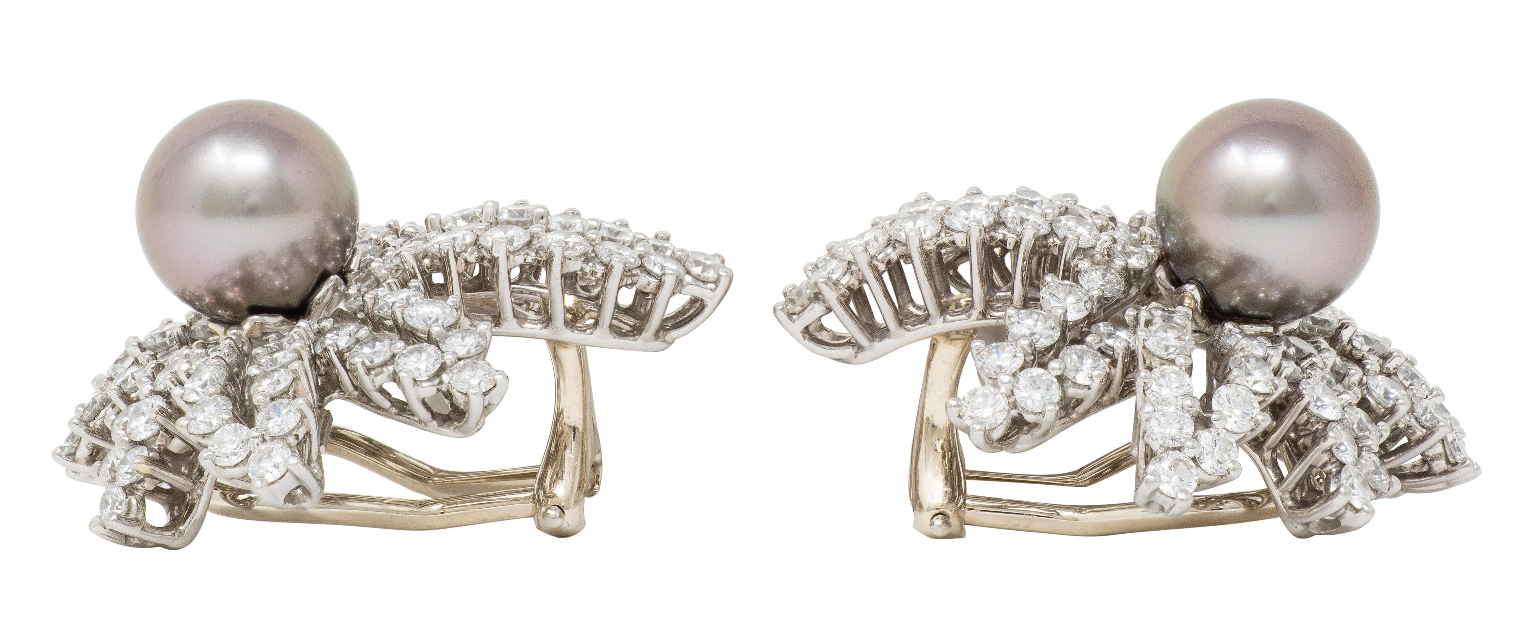 Tiffany & Co. 1993 Akoya Pearl Diamond Platinum Vintage Fireworks Earrings