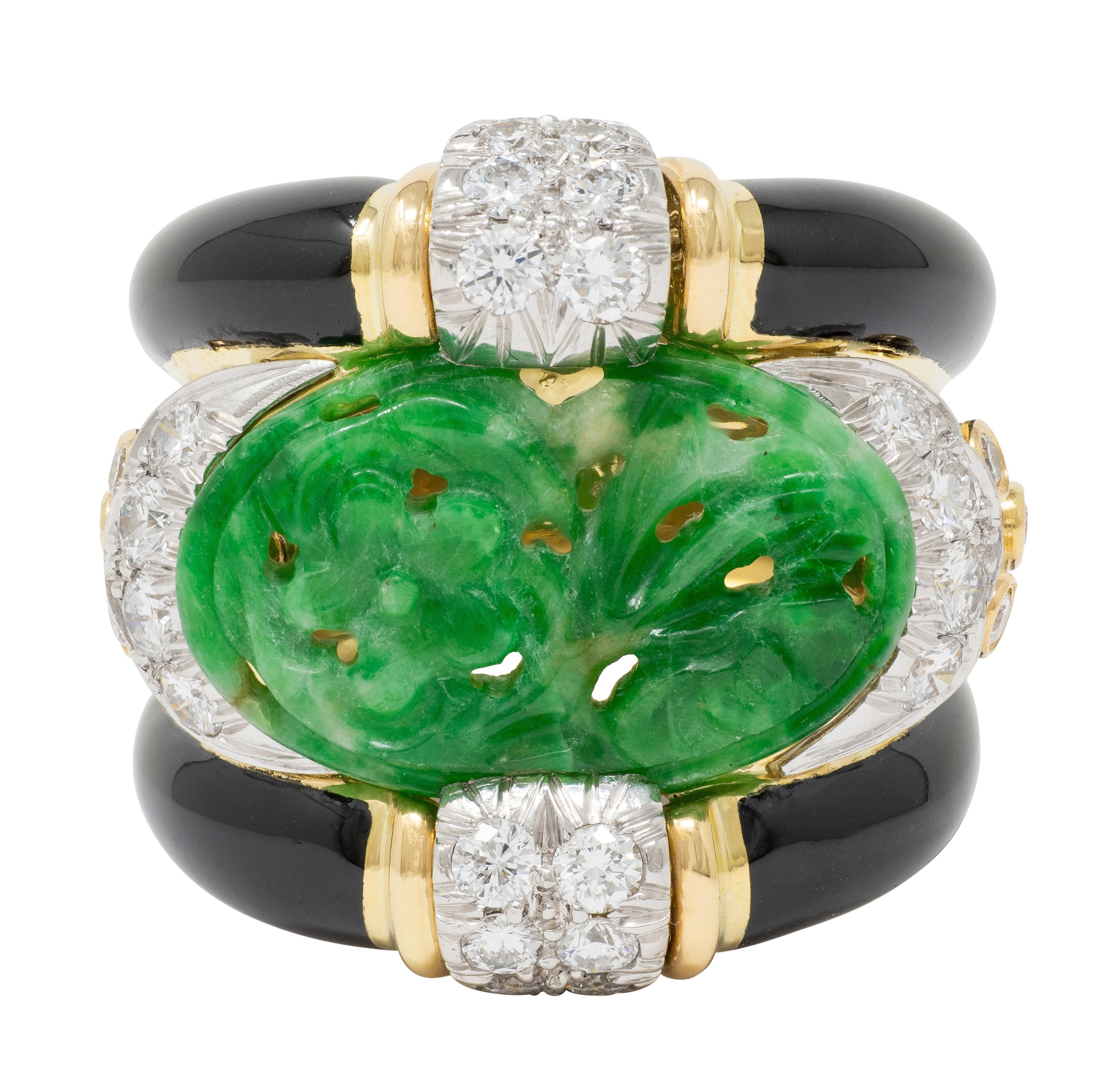 David Webb 1980's Jade Diamond Enamel Platinum 18K Gold Floral Vintage Band Ring