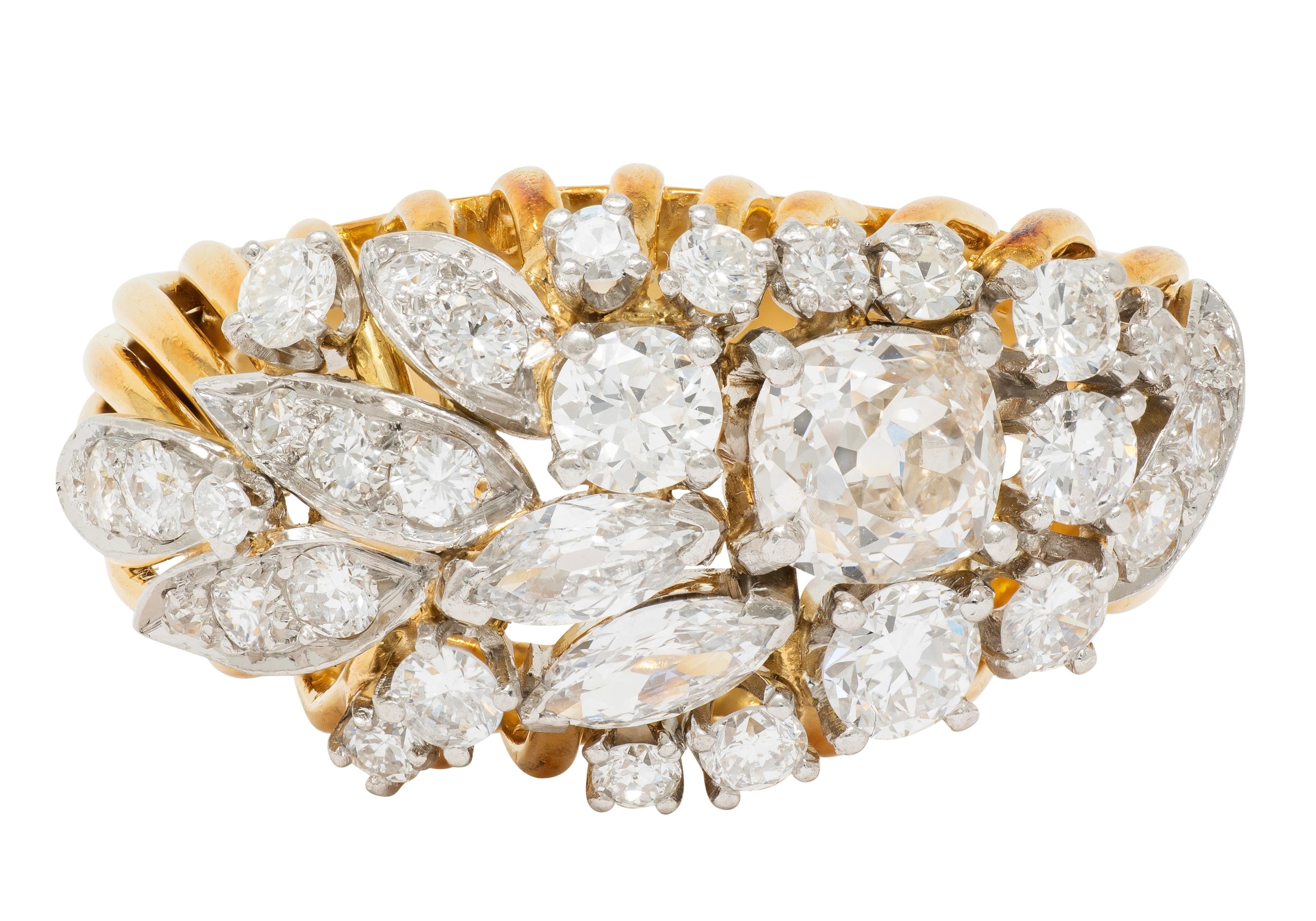 Mid-Century 2.34 CTW Diamond Platinum 18K Gold Vintage Wire Spray Cluster Ring