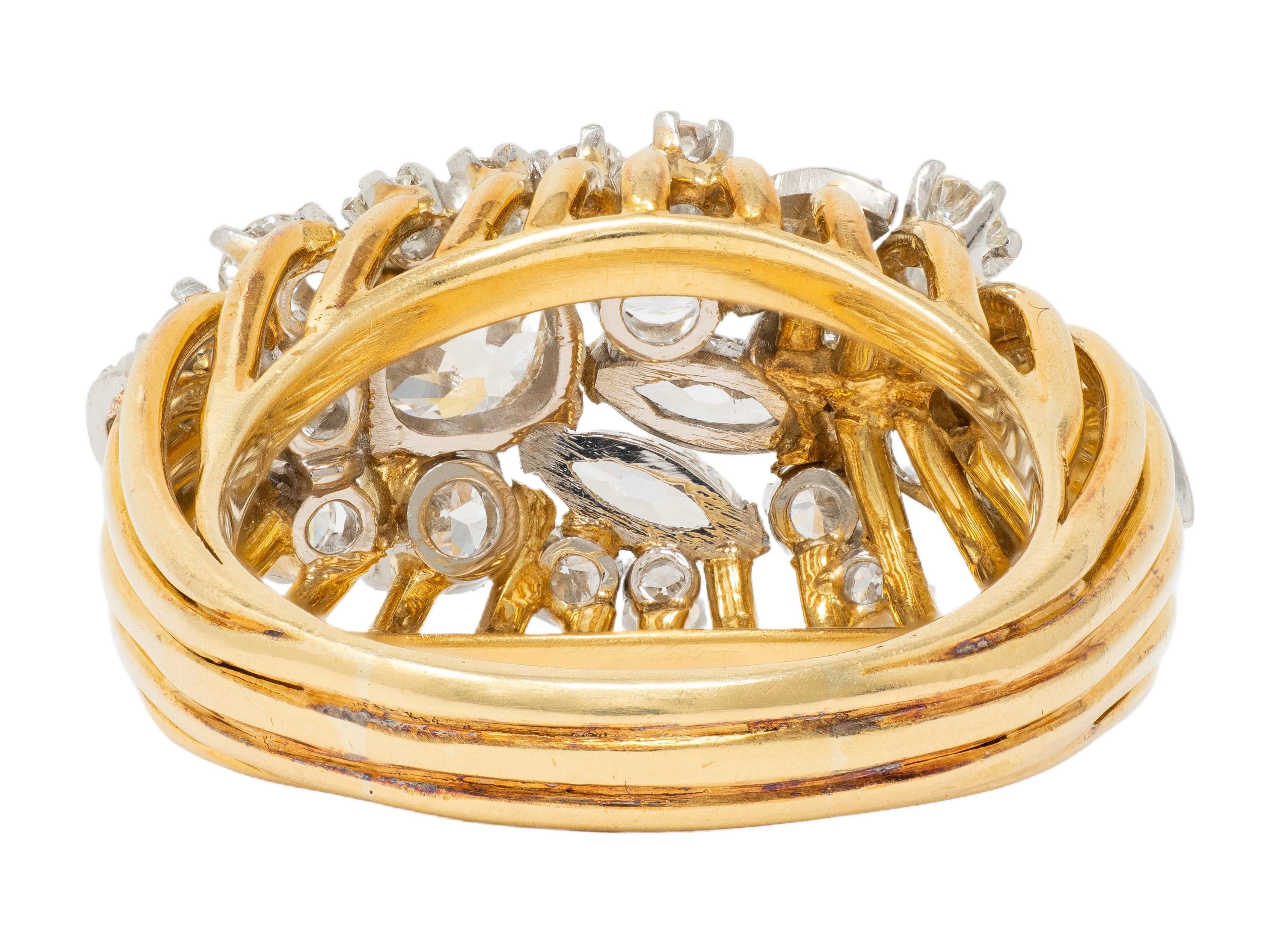 Mid-Century 2.34 CTW Diamond Platinum 18K Gold Vintage Wire Spray Cluster Ring