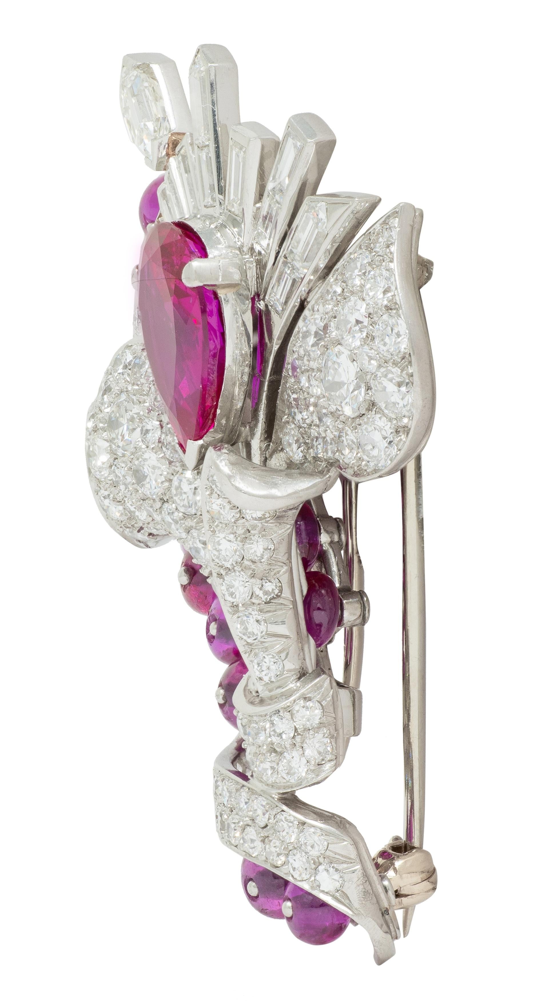 Mauboussin No Heat Burma Ruby Diamond Platinum Vintage Floral Burst Brooch