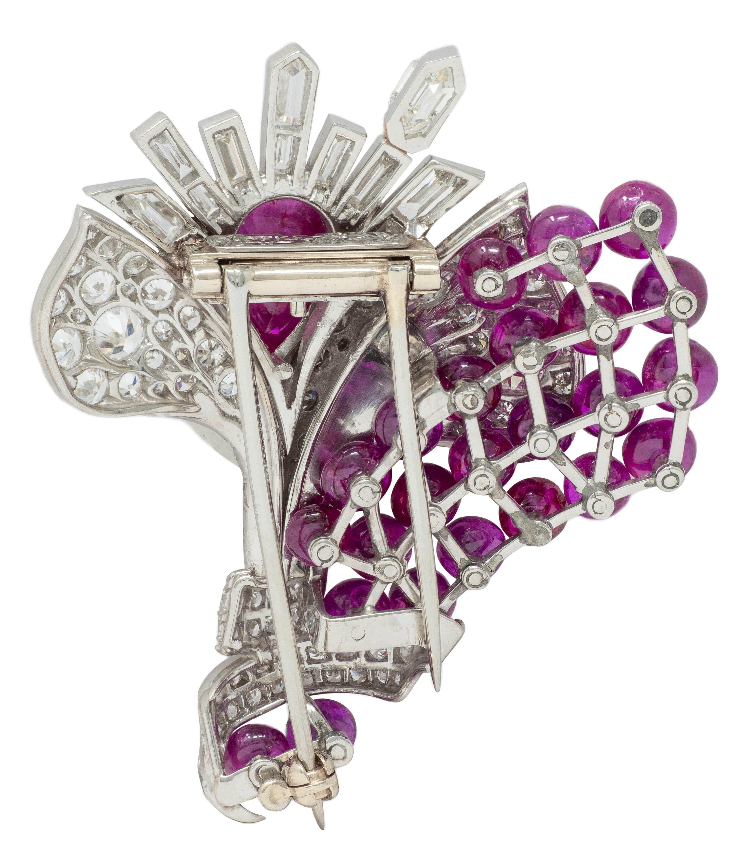 Mauboussin No Heat Burma Ruby Diamond Platinum Vintage Floral Burst Brooch