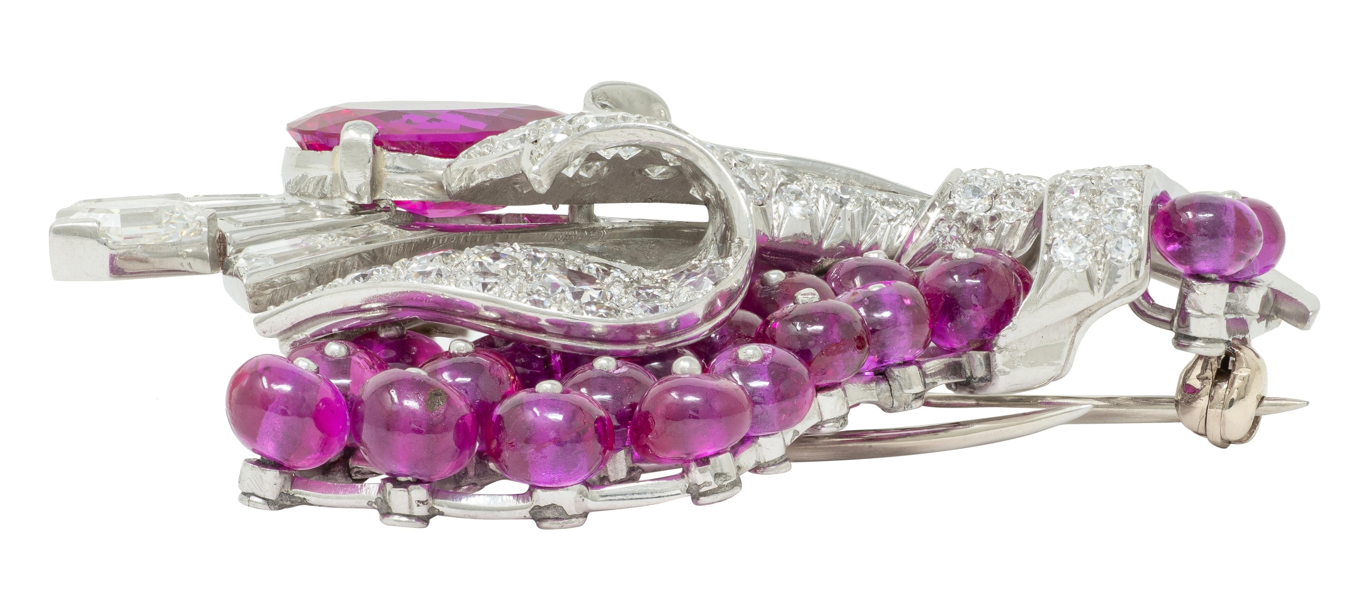 Mauboussin No Heat Burma Ruby Diamond Platinum Vintage Floral Burst Brooch