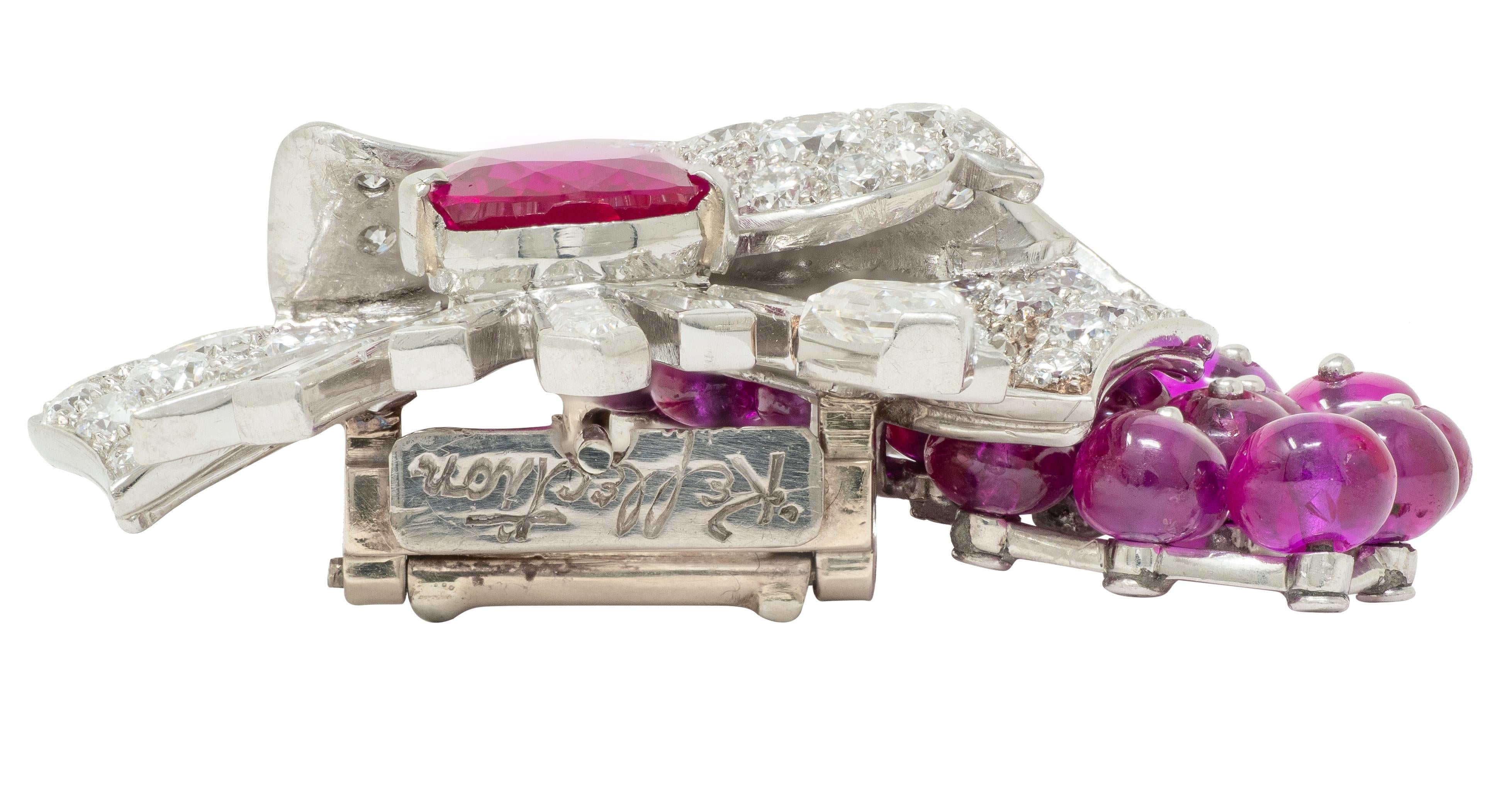 Mauboussin No Heat Burma Ruby Diamond Platinum Vintage Floral Burst Brooch