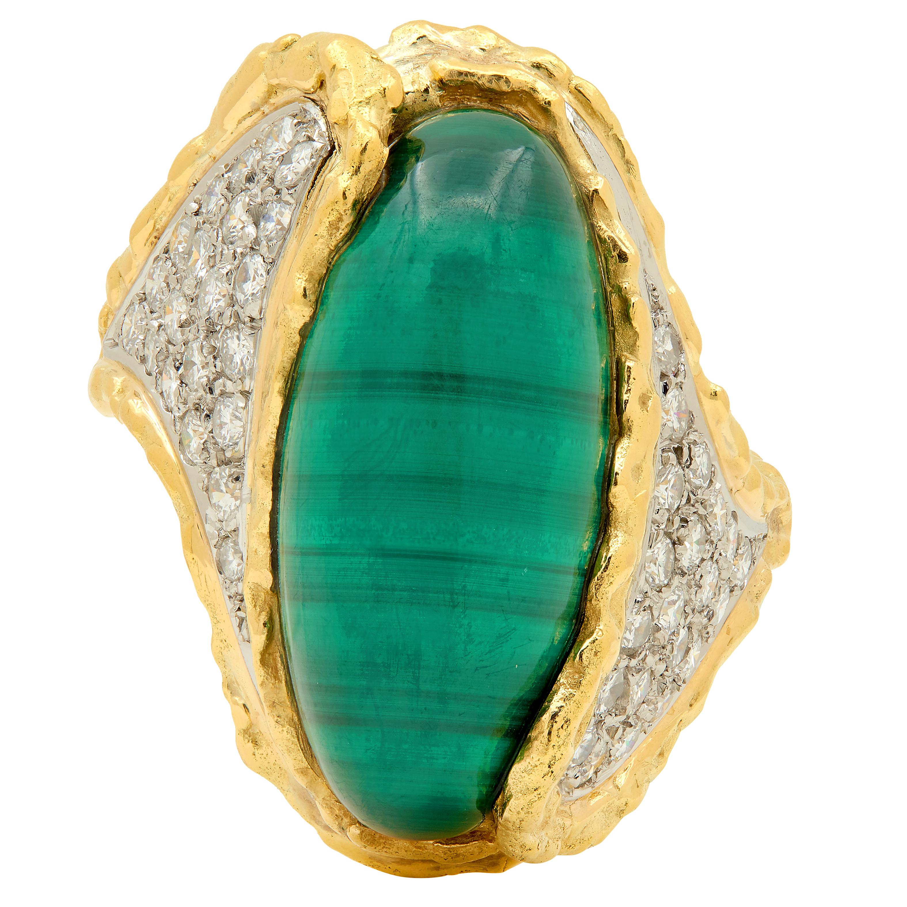 Chaumet French 1960's Malachite Diamond Platinum 18K Gold Vintage Brutalist Ring