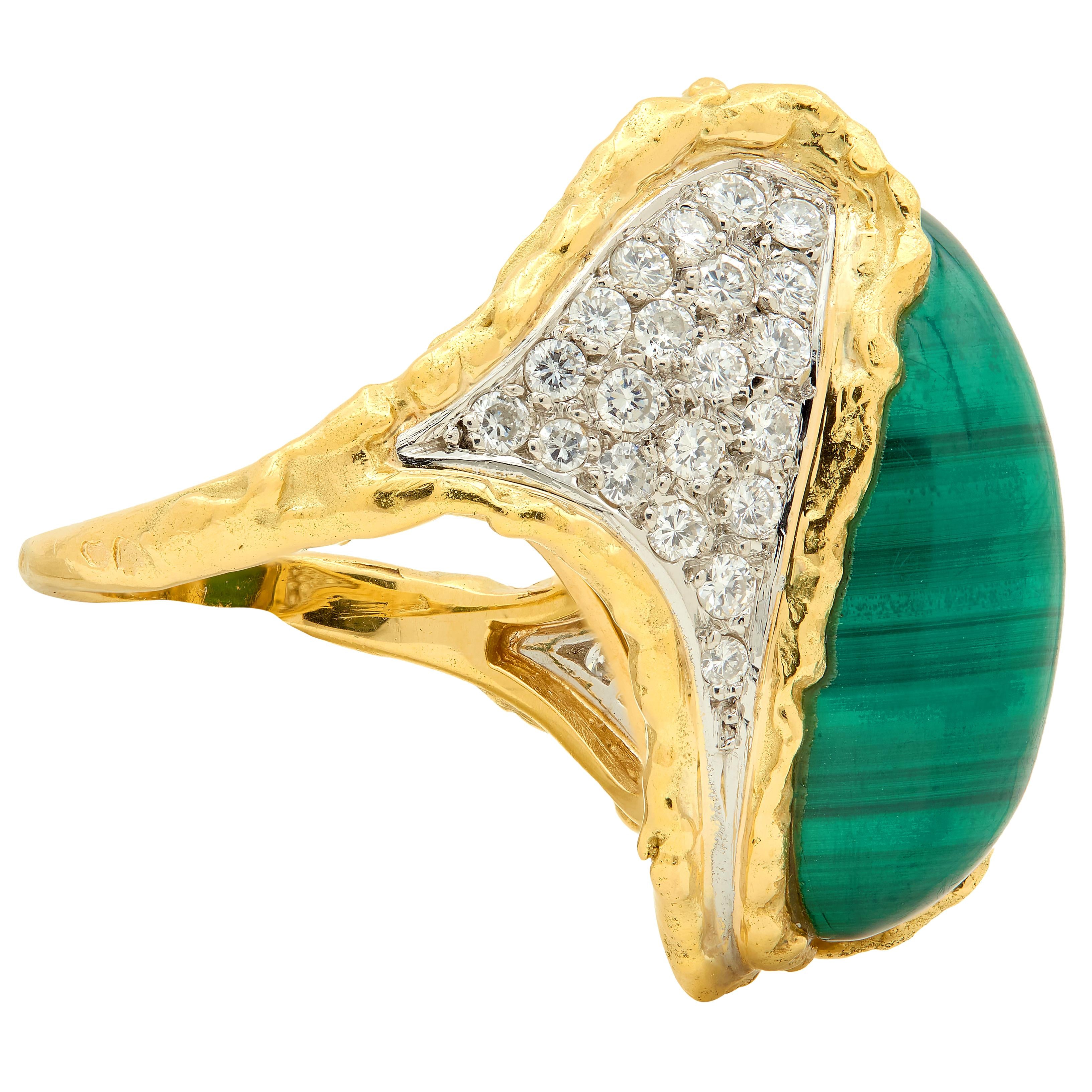 Chaumet French 1960's Malachite Diamond Platinum 18K Gold Vintage Brutalist Ring