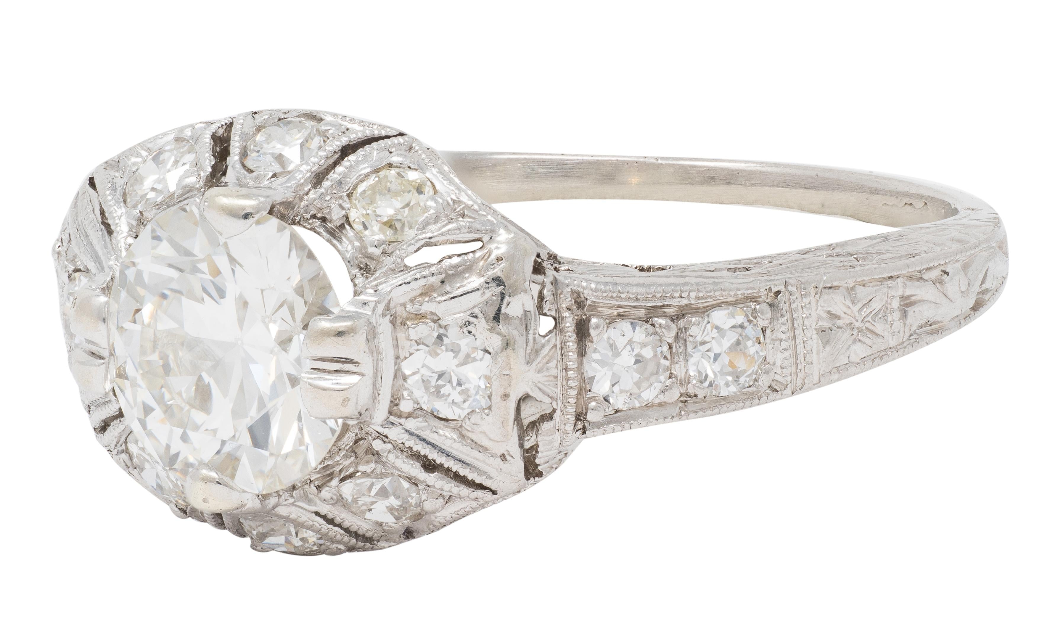 Art Deco Old European Diamond Platinum Vintage Scrolling Palm Engagement Ring