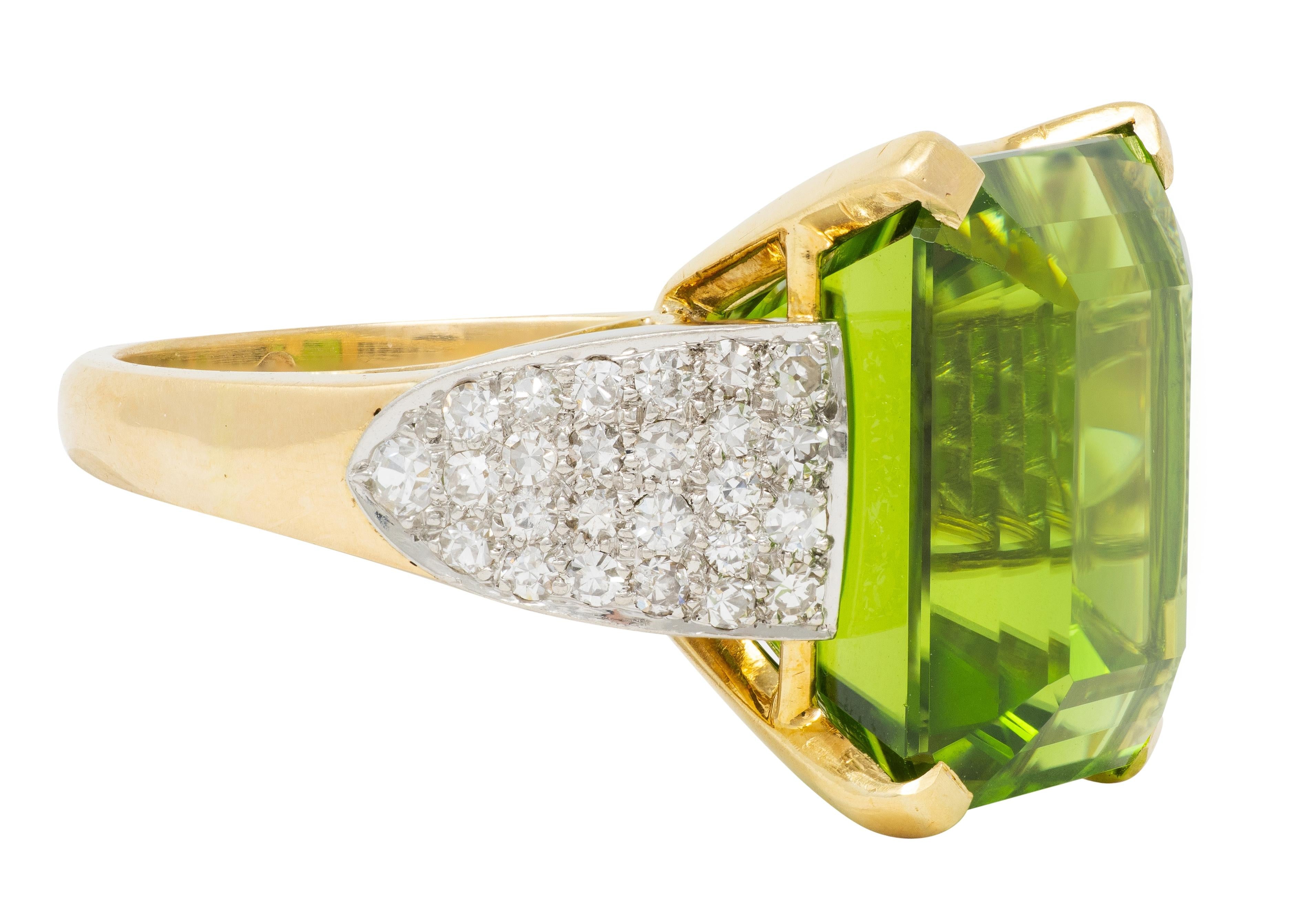 Retro 28.96 CTW Peridot Diamond Platinum 18K Yellow Gold Vintage Cocktail Ring