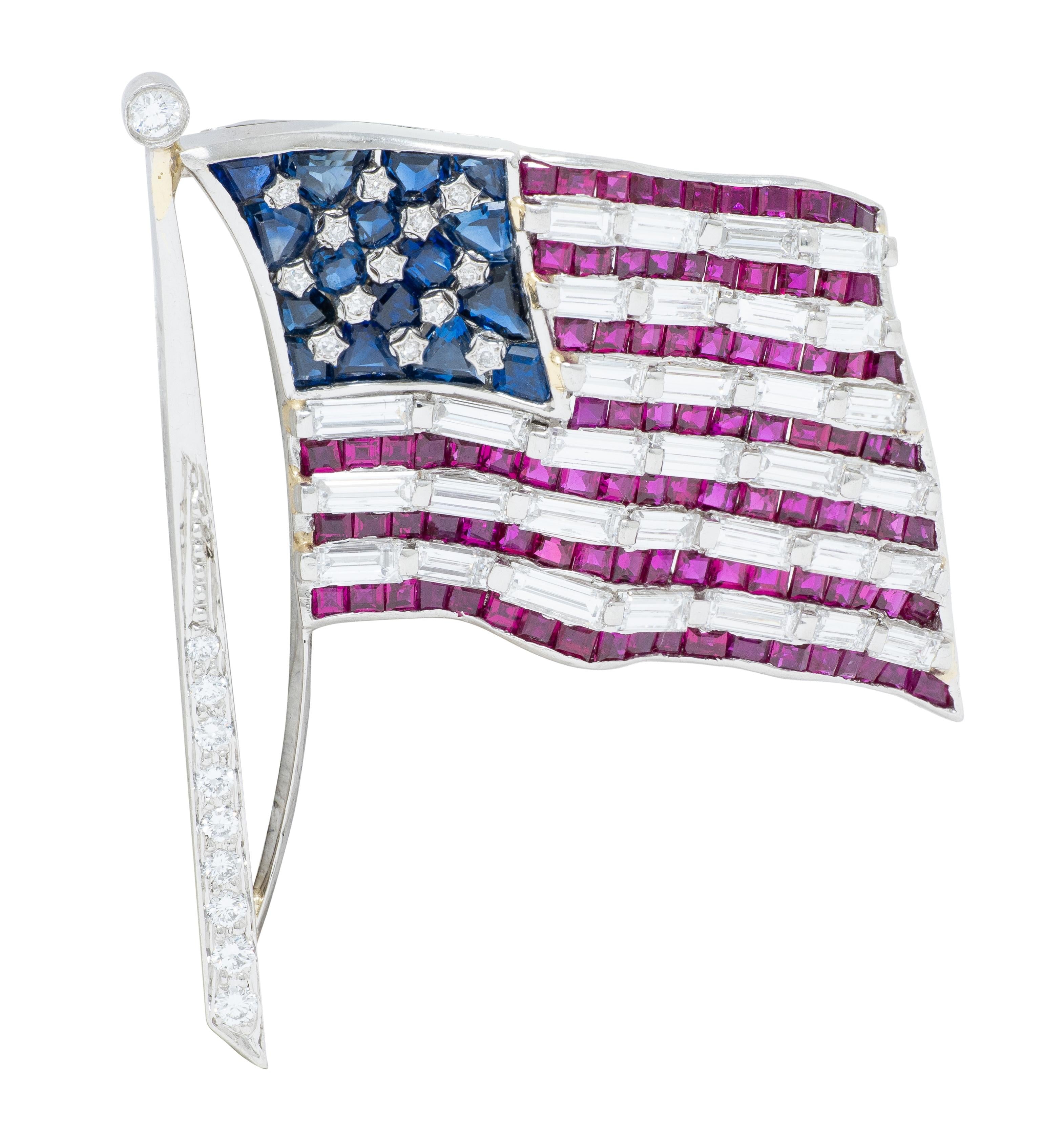 Oscar Heyman Ruby Sapphire Diamond Platinum Vintage American Flag Brooch